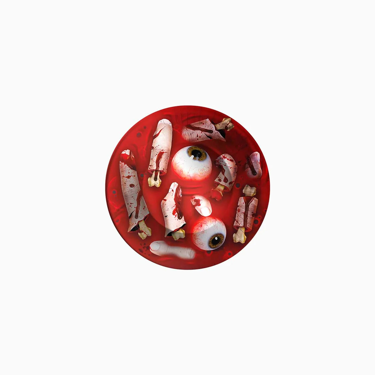 Top-down view of a round snack bowl featuring a graphic print of a dark red pool of blood containing floating eyeballs, loose bones, and severed fingers.