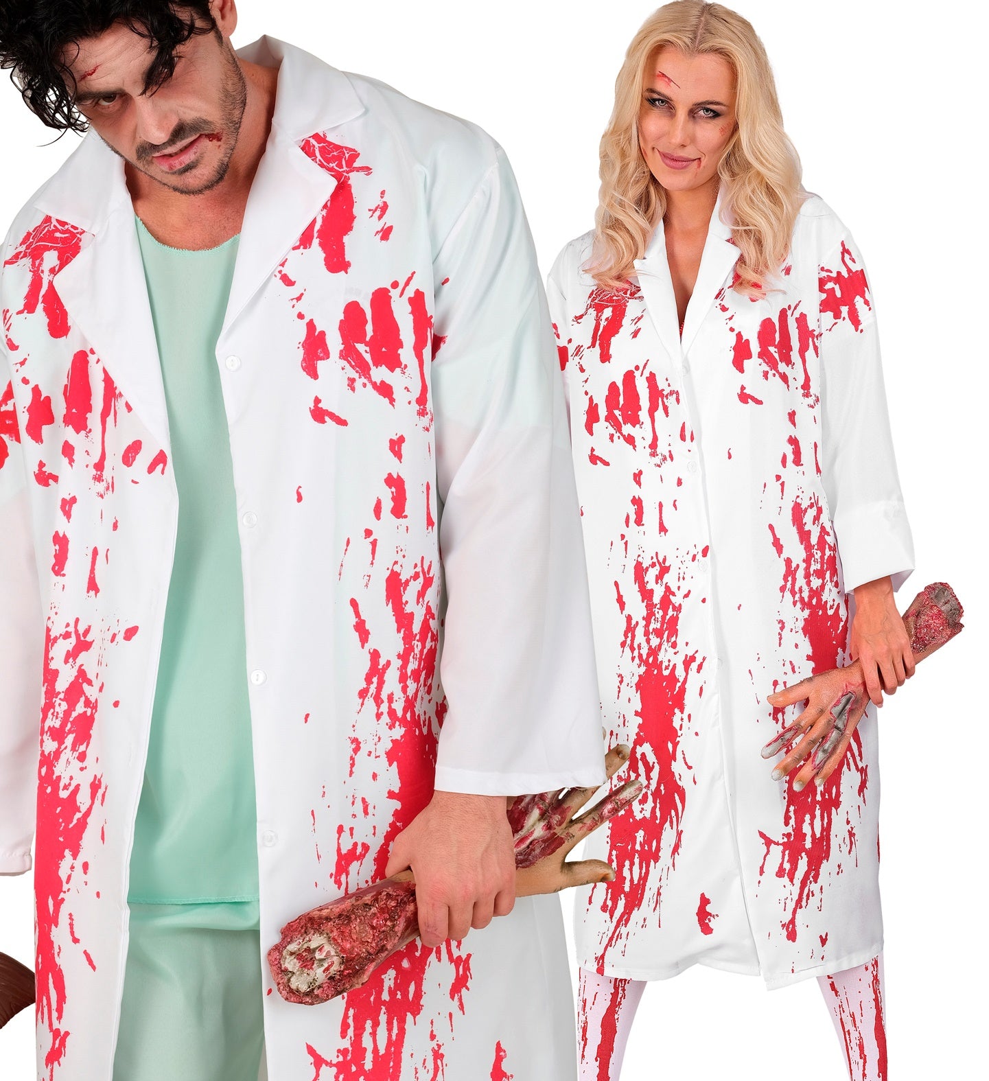 A man and a woman in bloody mad doctor costumes, both holding a fake severed arm prop.
