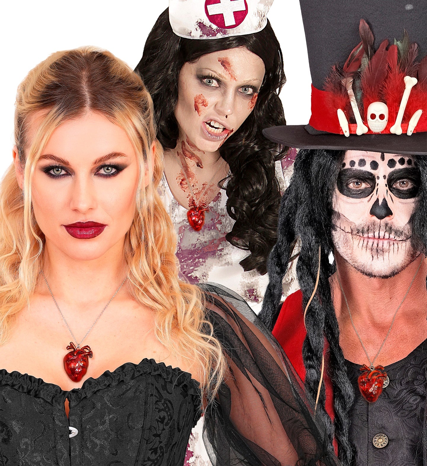 A collage showing three people in costume wearing the bloody heart necklace: a gothic woman, a zombie nurse, and a voodoo priest.