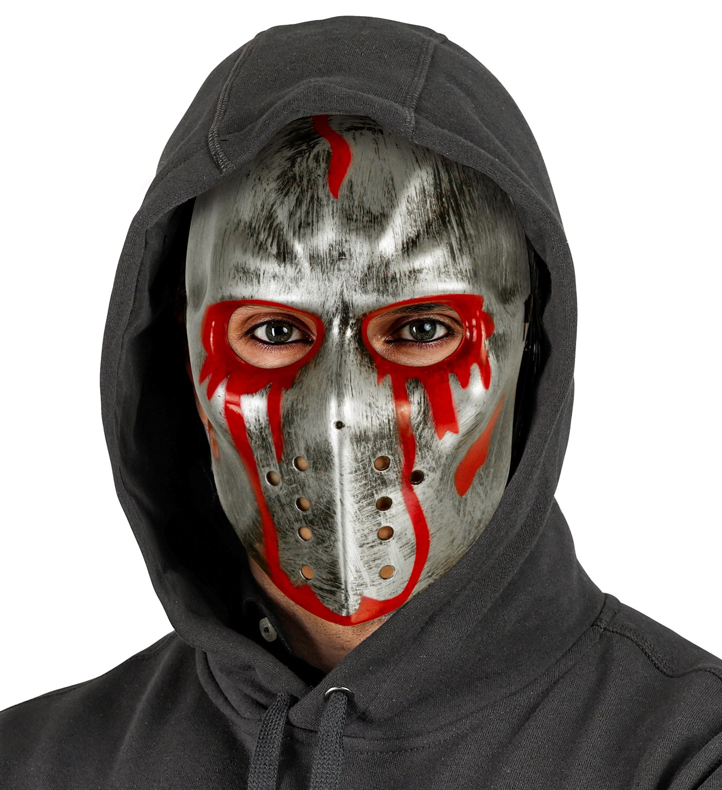 A person wearing the bloody hockey mask with a black hoodie pulled up for a terrifying, anonymous slasher villain look.