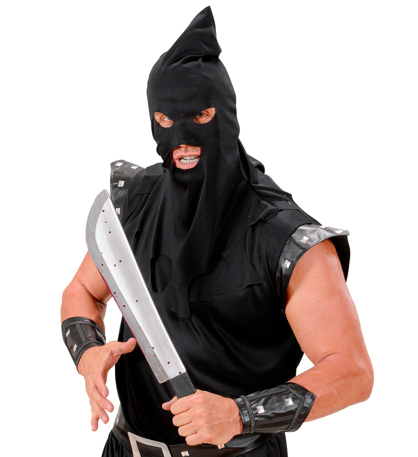 A man in a black executioner costume holding the large, bloody machete prop.