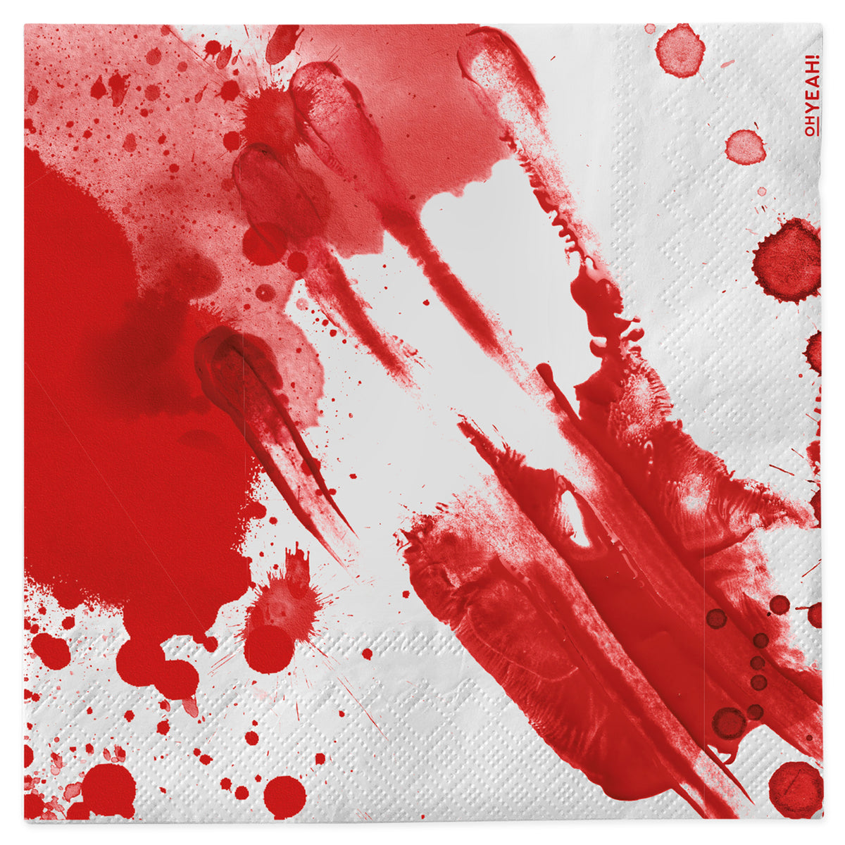 A square white paper napkin printed with realistic bright red blood splatters and smeared bloody marks.