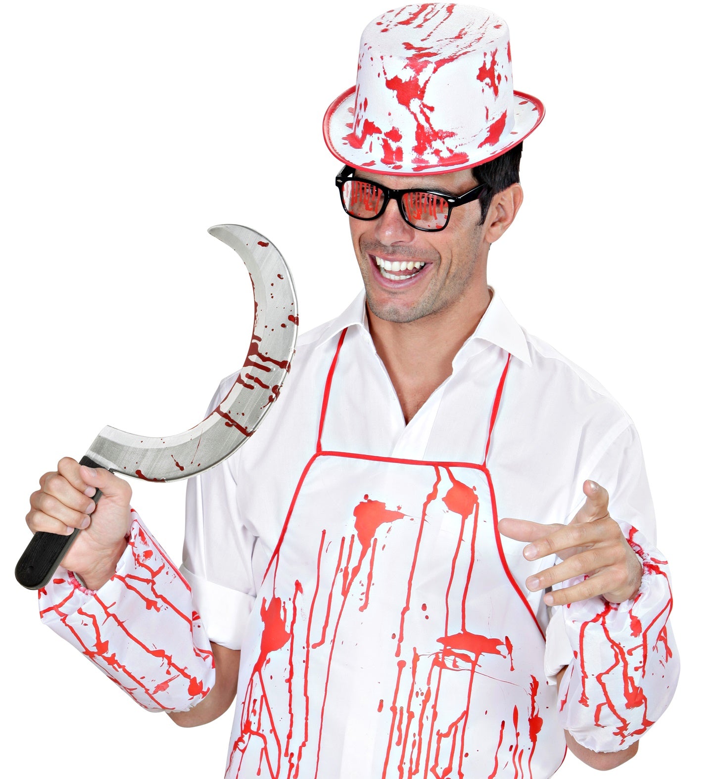 A man in a smiling "mad butcher" costume with a bloody apron, holding the bloody sickle prop.