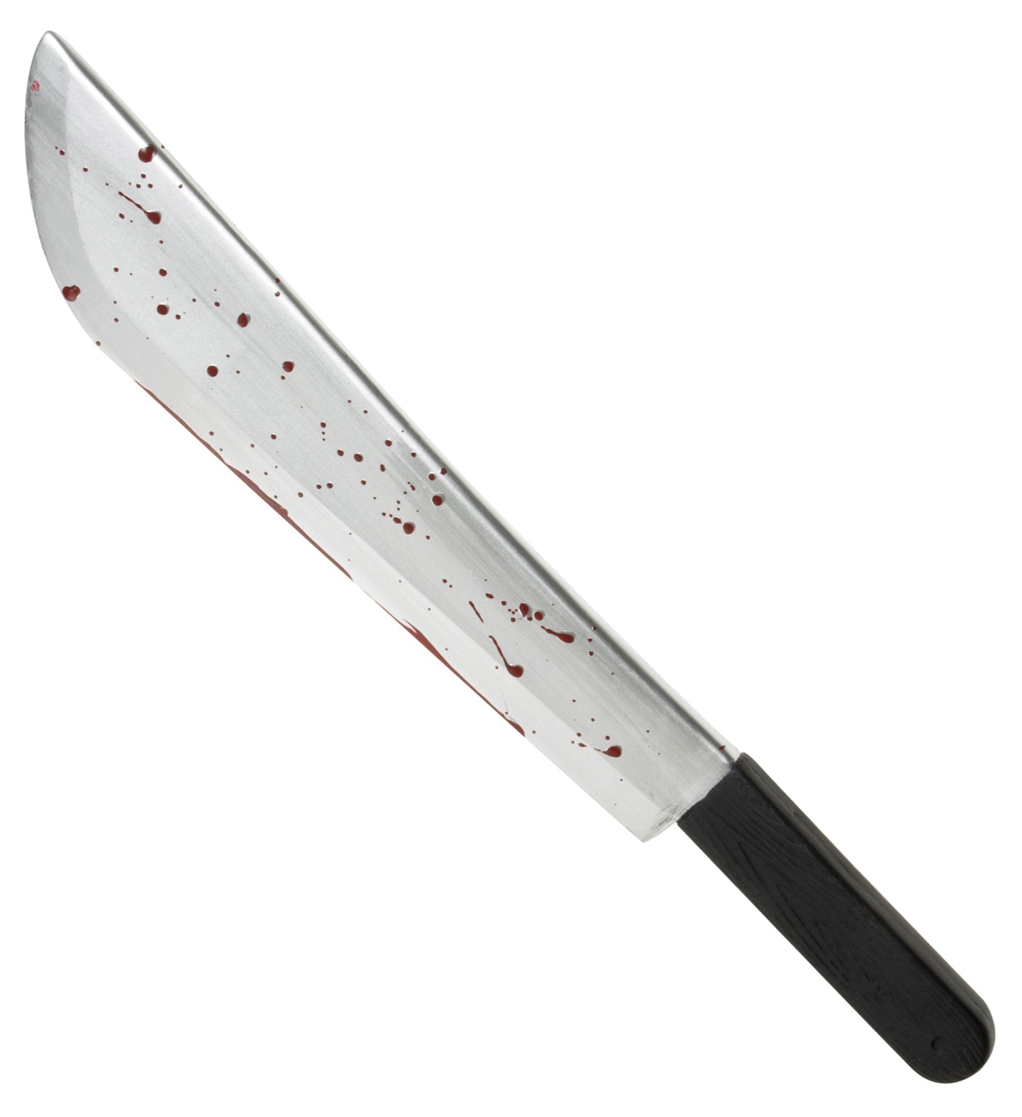 A large, silver plastic costume machete prop with a black handle and splattered with fake red blood.