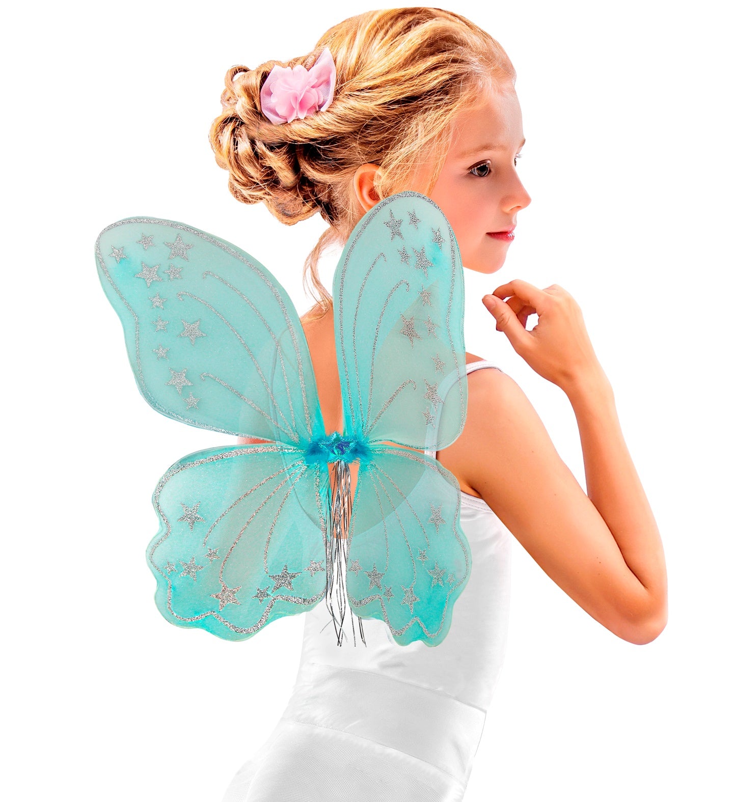 A model seen from the side wearing a white dress and bright blue sheer fairy wings, which are decorated with silver glitter stars and hanging silver center tassels.