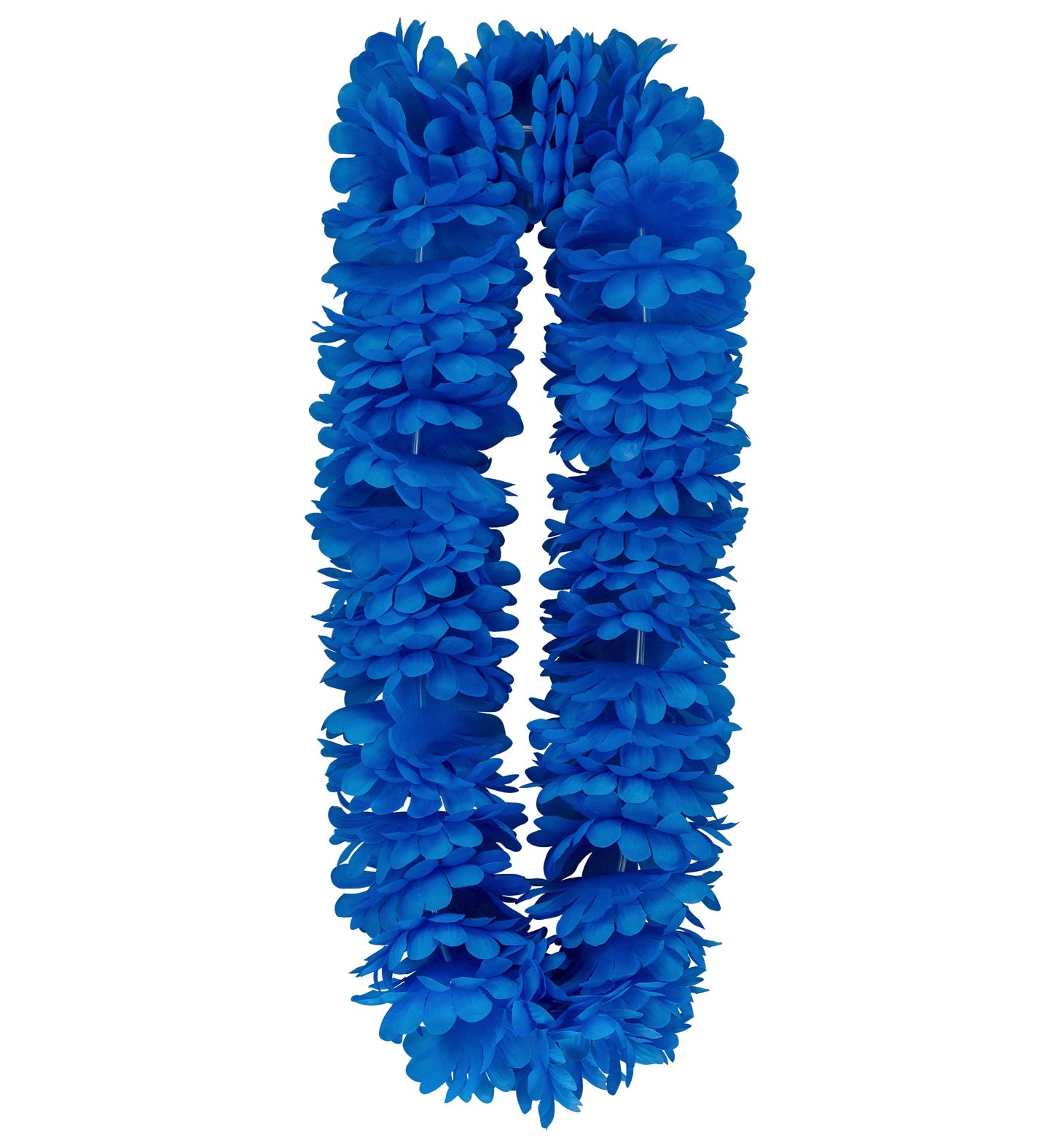 A single, brightly colored royal blue Hawaiian lei, made of numerous layered fabric petals, displayed vertically against a white background.