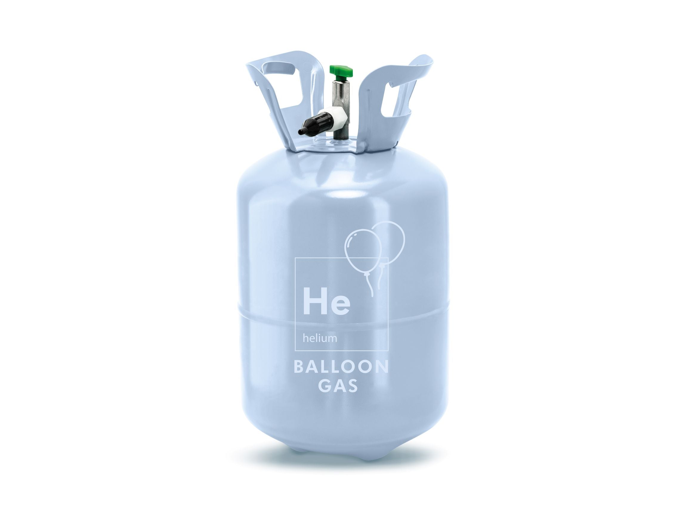 A light blue helium balloon gas canister with a green valve, labeled "He helium BALLOON GAS" and showing two outlined balloons, presented at an angle on a white background.