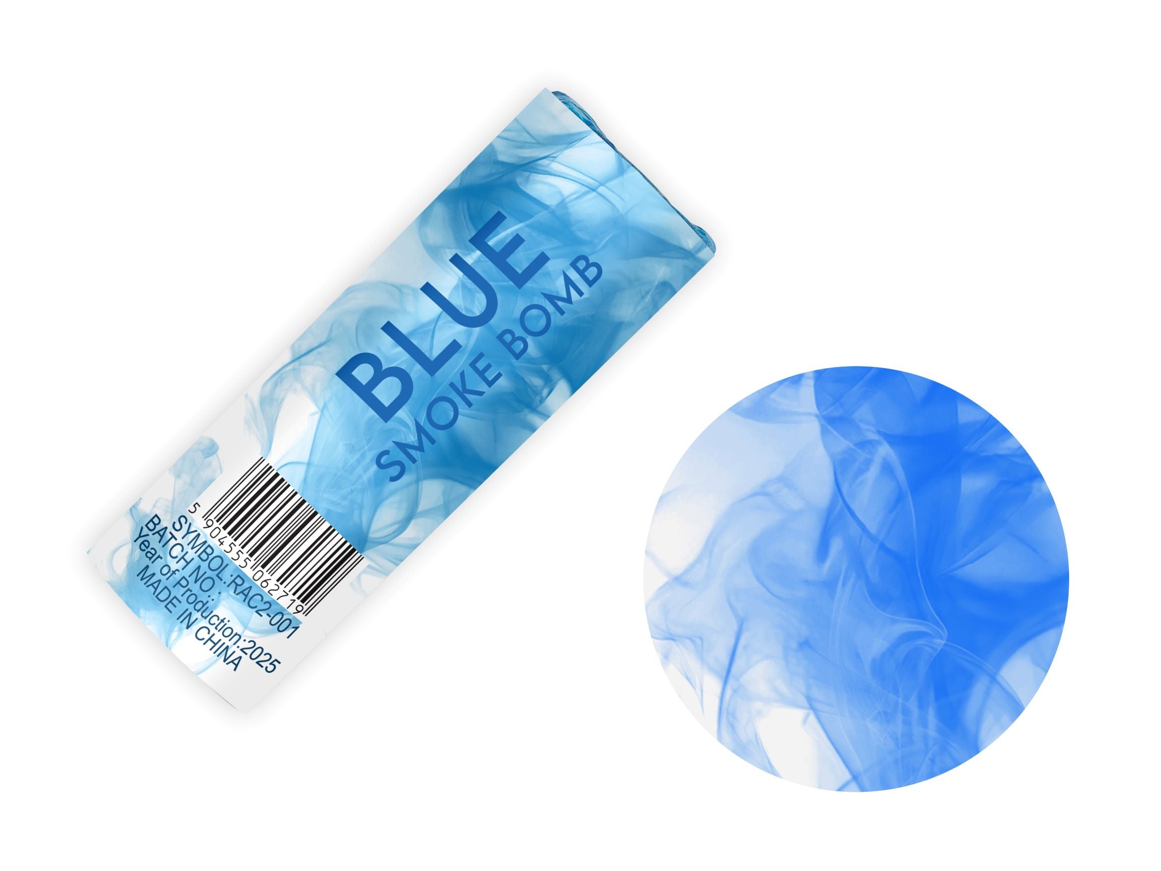 A blue smoke bomb featuring a cerulean smoke-swirl design and batch details, pictured next to a circular preview of the blue smoke effect.