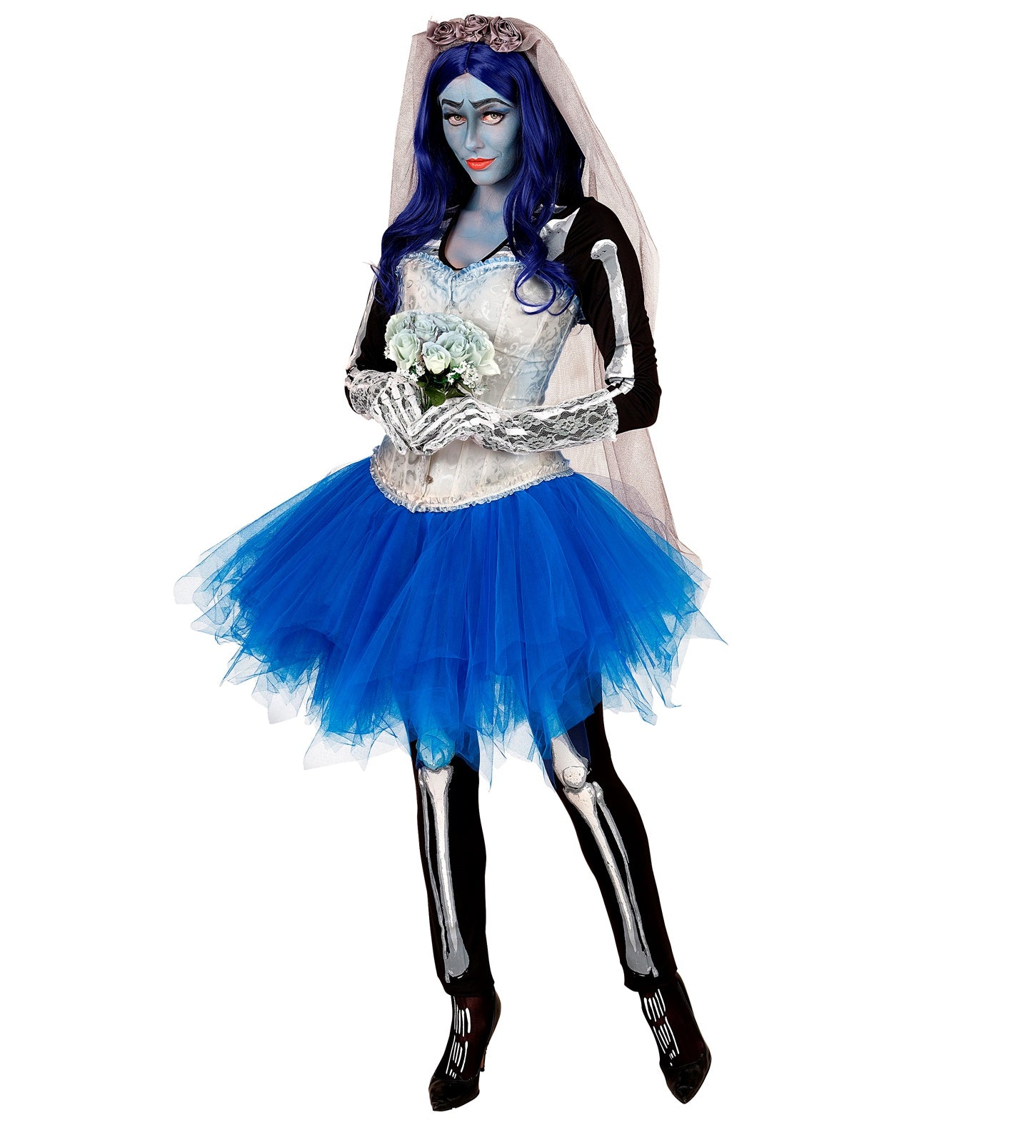 Woman dressed as a Corpse Bride character, wearing a white corset, skeleton leggings, and the blue layered tutu skirt.