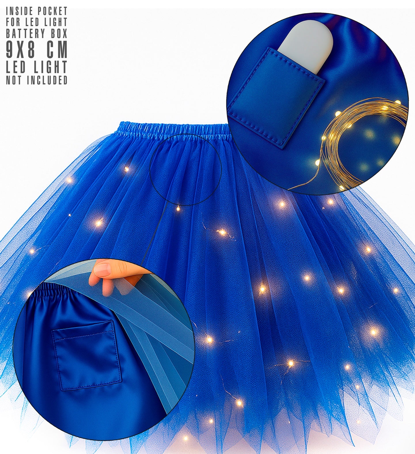 Detailed view of the blue tutu skirt showing the inner pocket designed for an LED light battery box and an example of fairy lights woven through the tulle.