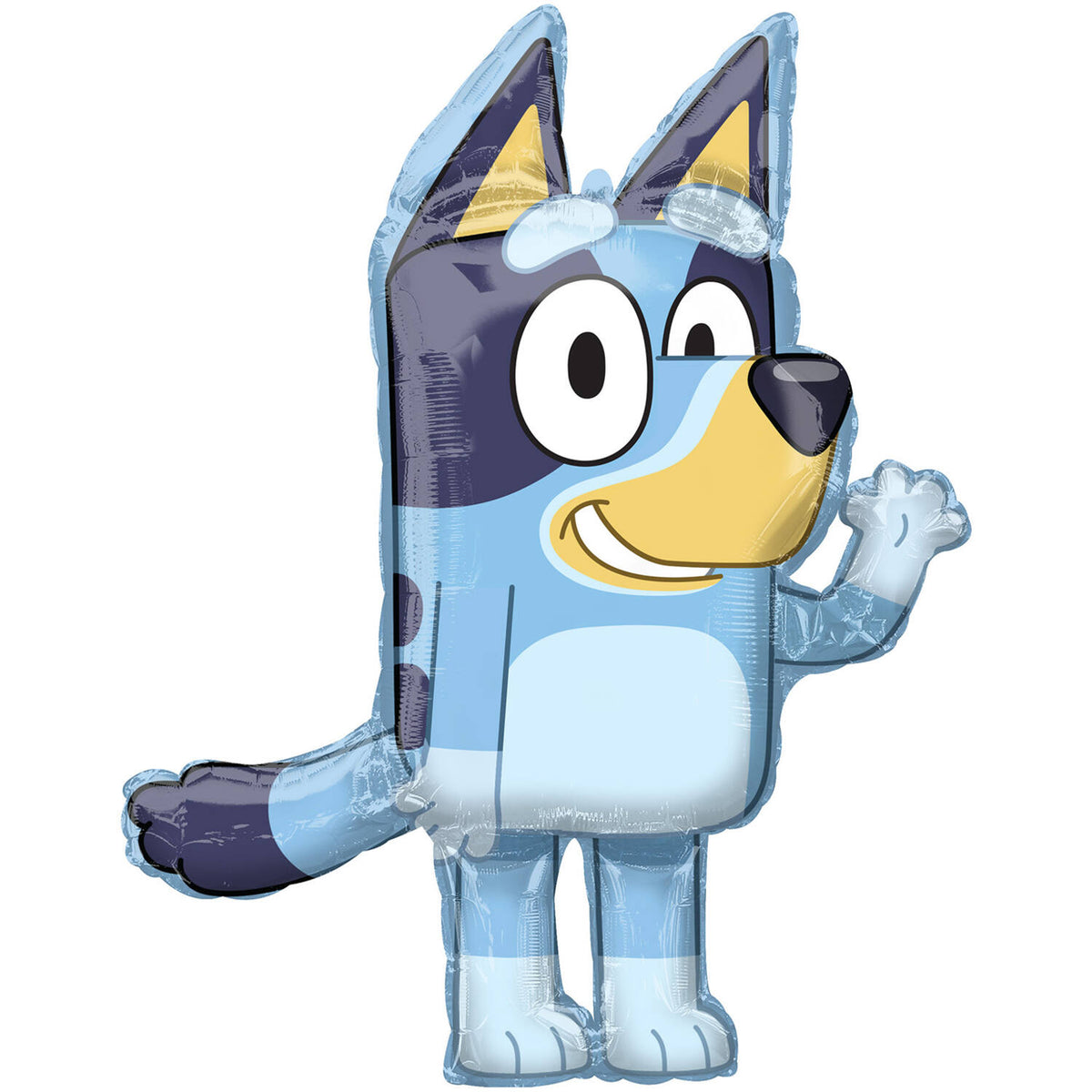 Full-length Bluey foil balloon standing with waving hand, showing detailed character design and size