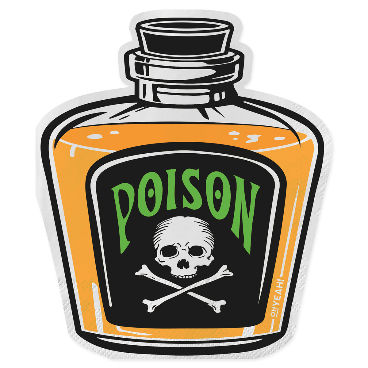 A paper napkin shaped like a corked glass bottle filled with orange liquid, featuring a black label with a skull and crossbones and green Poison text.