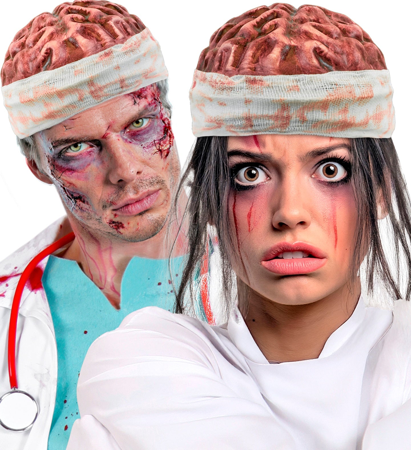 Two models in medical horror fancy dress; a male zombie doctor and a terrified female patient, both wearing gory exposed brain headpieces wrapped in blood-stained gauze.
