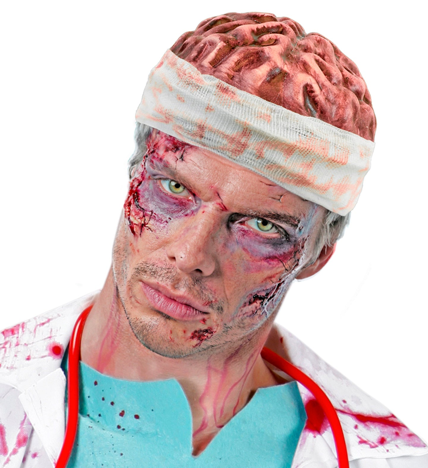 A close-up portrait of a male model with fake cuts, bruises, and zombie makeup, wearing a gory exposed brain headpiece wrapped in bloody bandages, styled with a bloody doctor's coat.