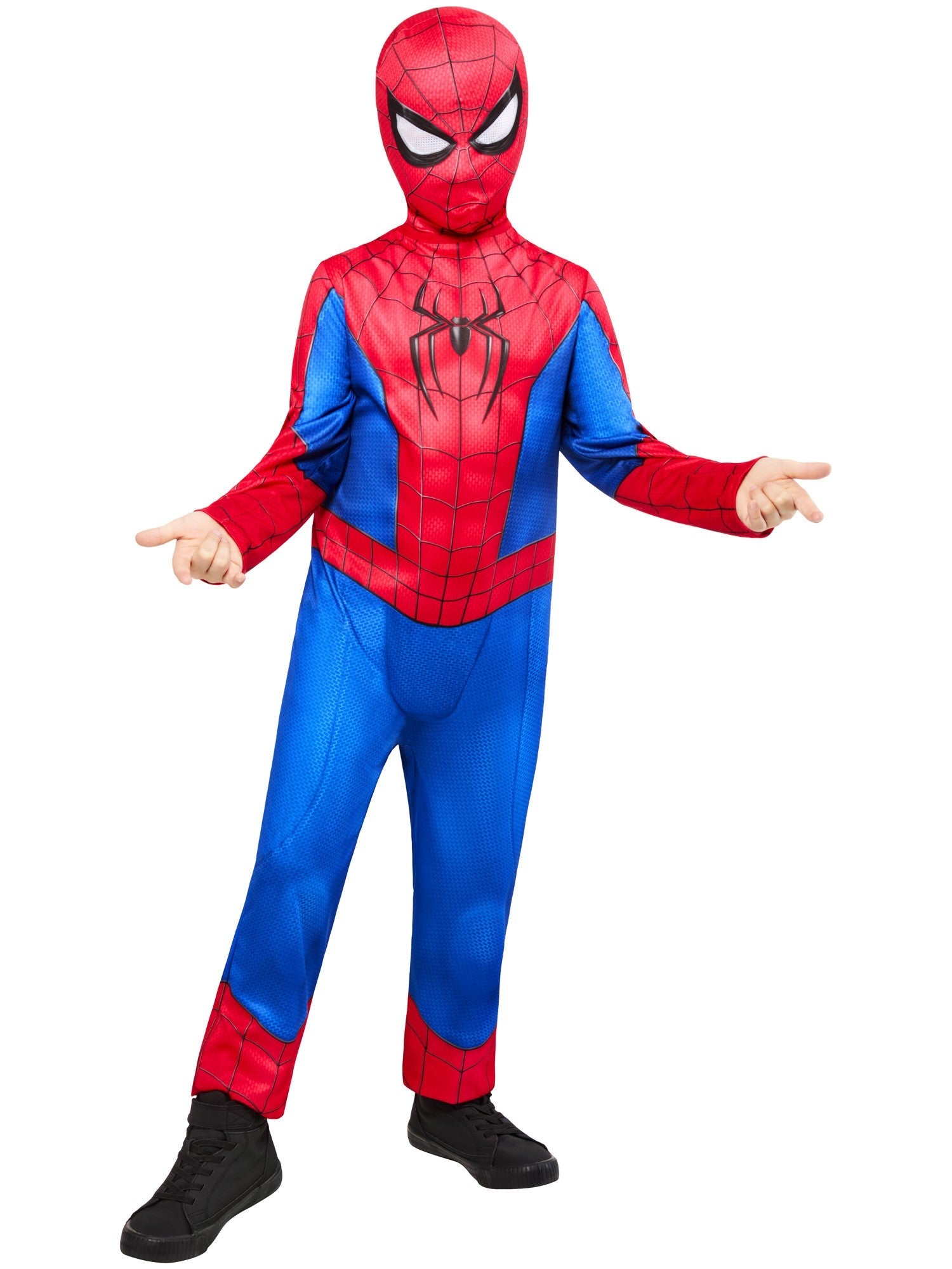 Child wearing the full Spider-Man Brand New Day fancy dress costume, striking an iconic superhero web-shooting pose.