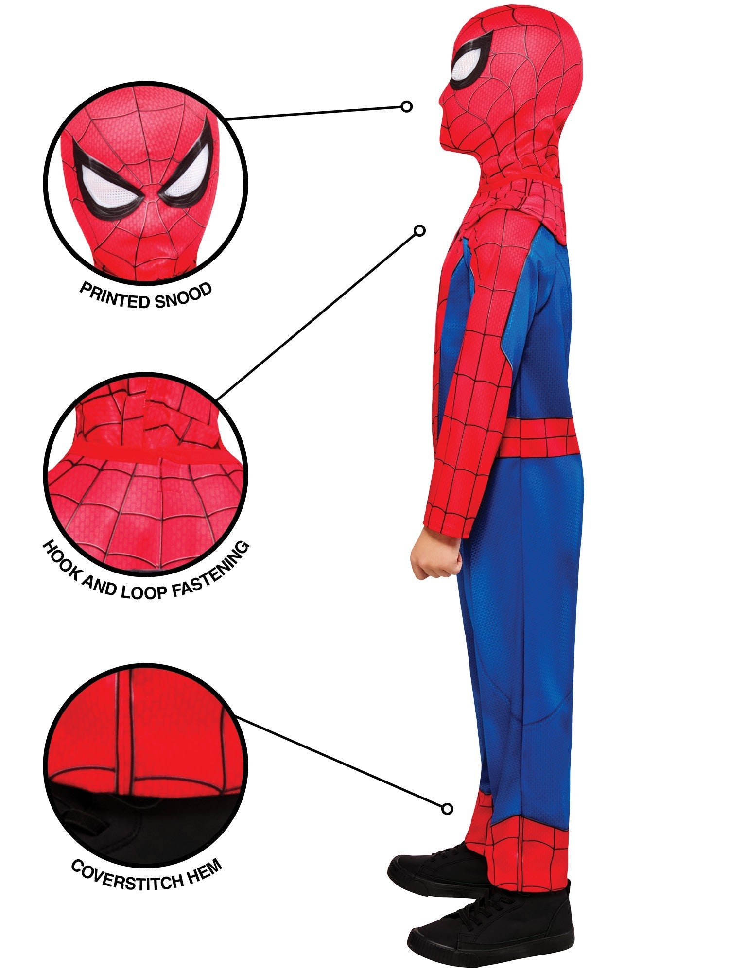 Side view of the kids' Spider-Man outfit displaying close-up details of the printed snood, secure hook and loop fastening, and durable coverstitch hem.