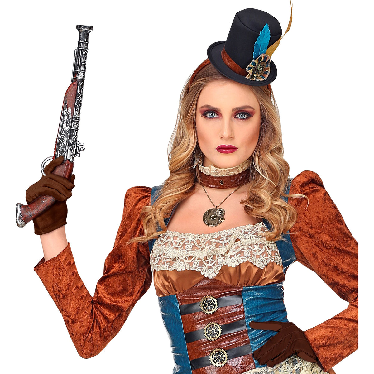 A woman in an elegant steampunk costume holding a prop vintage pistol, wearing a brown and teal corset top, a mini top hat with a feather, and short brown gloves.