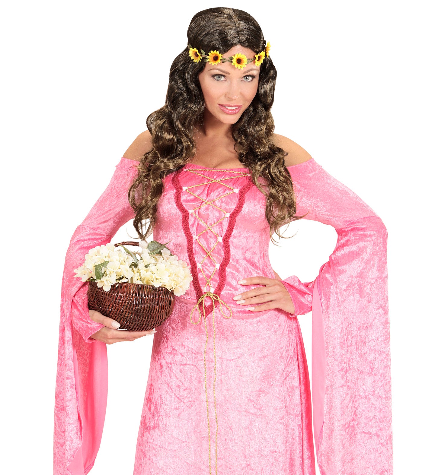 Brown Medieval Wig with Sunflower Headband