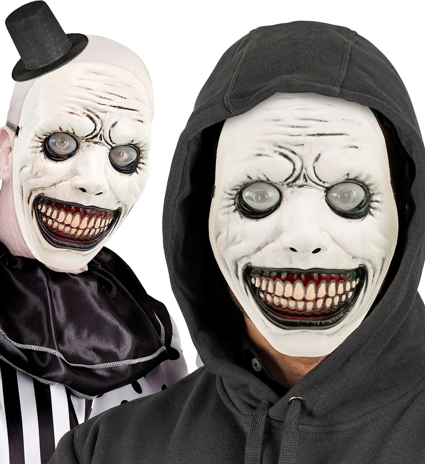 A split photo showing two terrifying ways to style the Bubble Eyes monster mask; one model dressed as a twisted clown with a tiny top hat and striped shirt, and the other wearing a dark black hoodie.