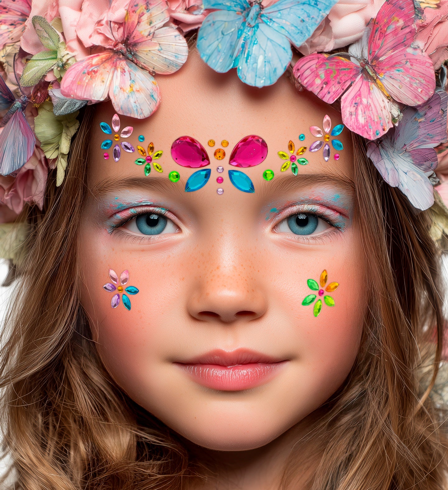 A young girl with a floral crown wearing colorful butterfly face jewels and matching floral cheek gems.