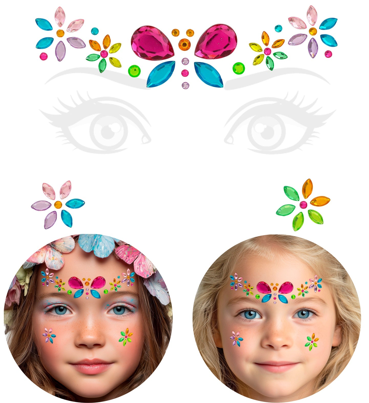 The full layout of the self-adhesive butterfly face jewel set including forehead and cheek pieces.