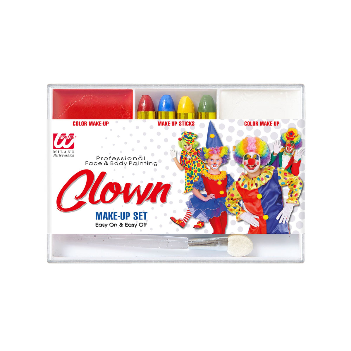 Professional Clown Make-up Set in a clear plastic case, featuring face and body paint sticks, two color make-up blocks, a white tray, and illustrations of clowns on the front label.
