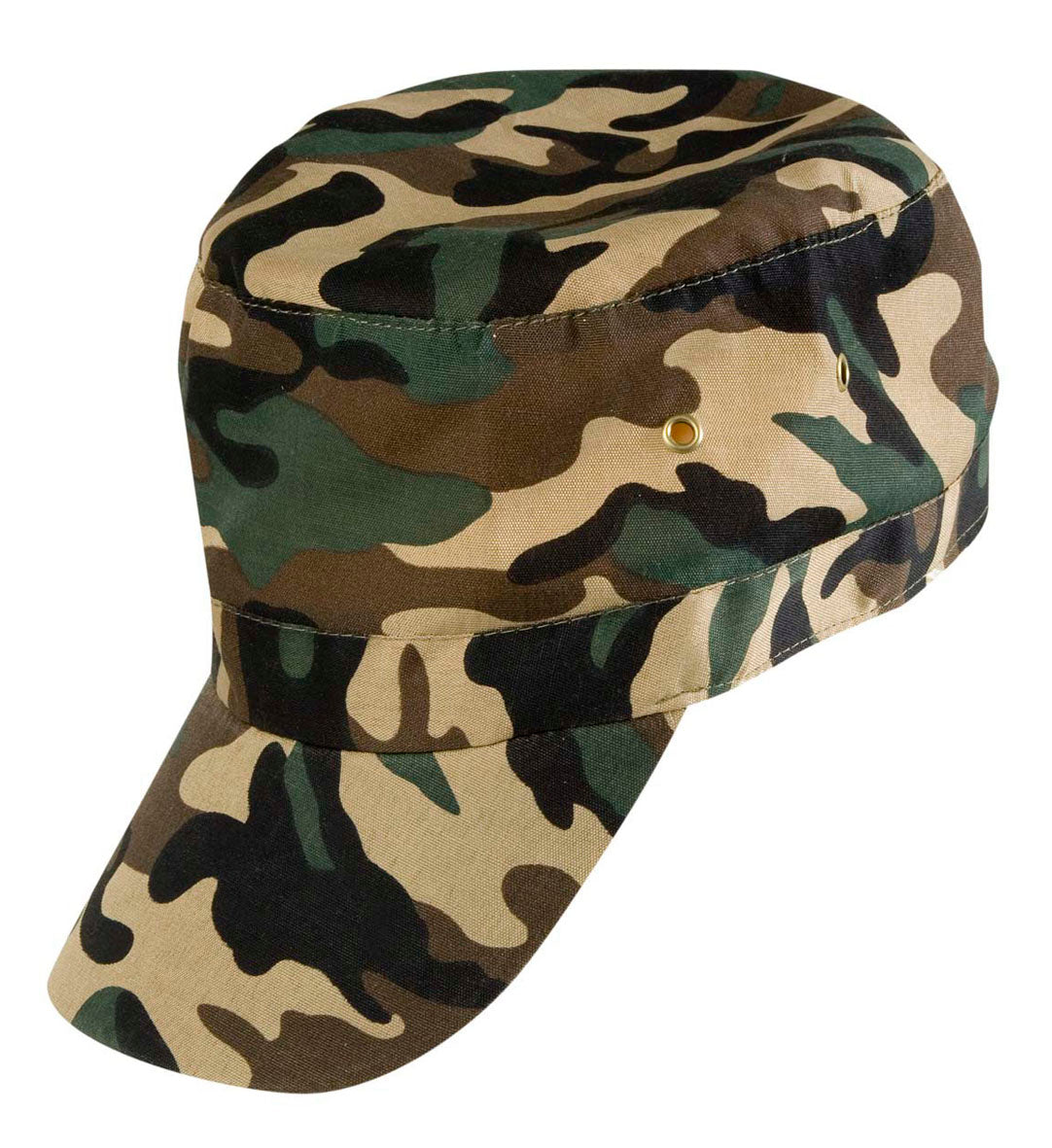 A woodland camouflage patrol cap with a flat top, curved brim, and gold-tone ventilation eyelets against a white background.