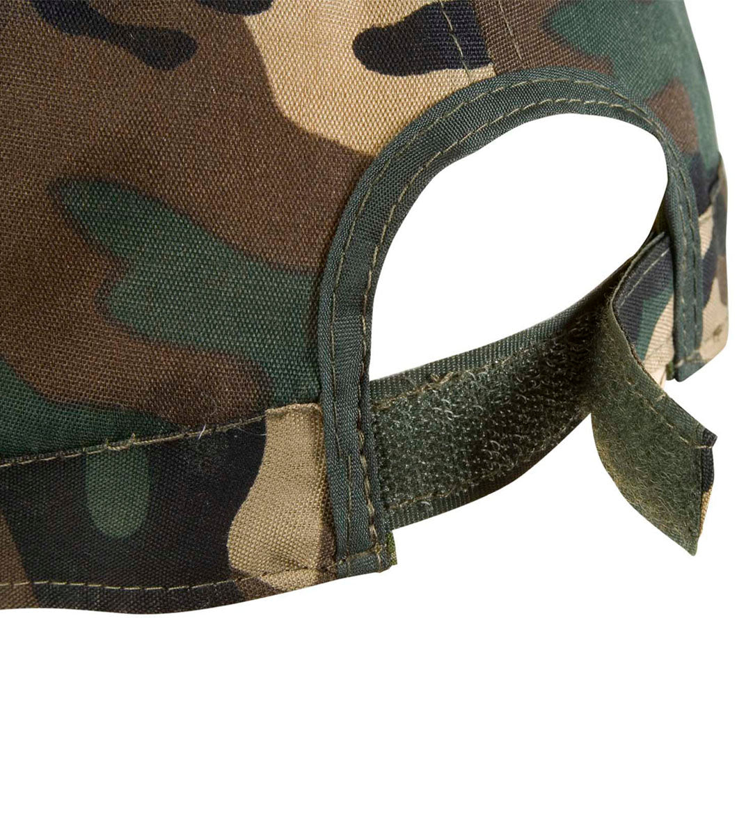 Close-up view of the back of the camouflage cap highlighting the hook-and-loop adjustable strap and fabric texture.