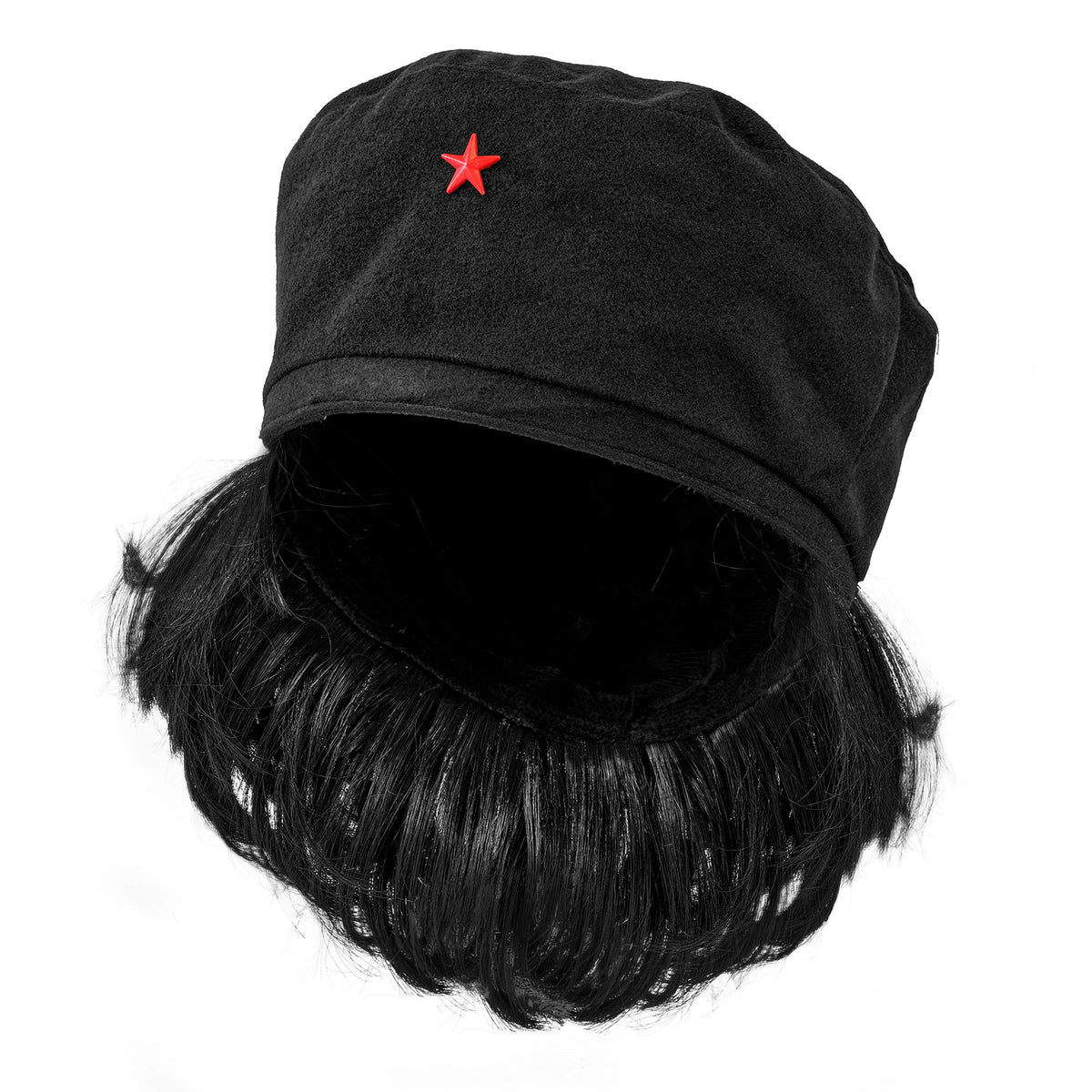 A black military-style fabric cap featuring a prominent red star emblem on the front, with messy black synthetic hair attached to the inside and hanging down from the sides and back.