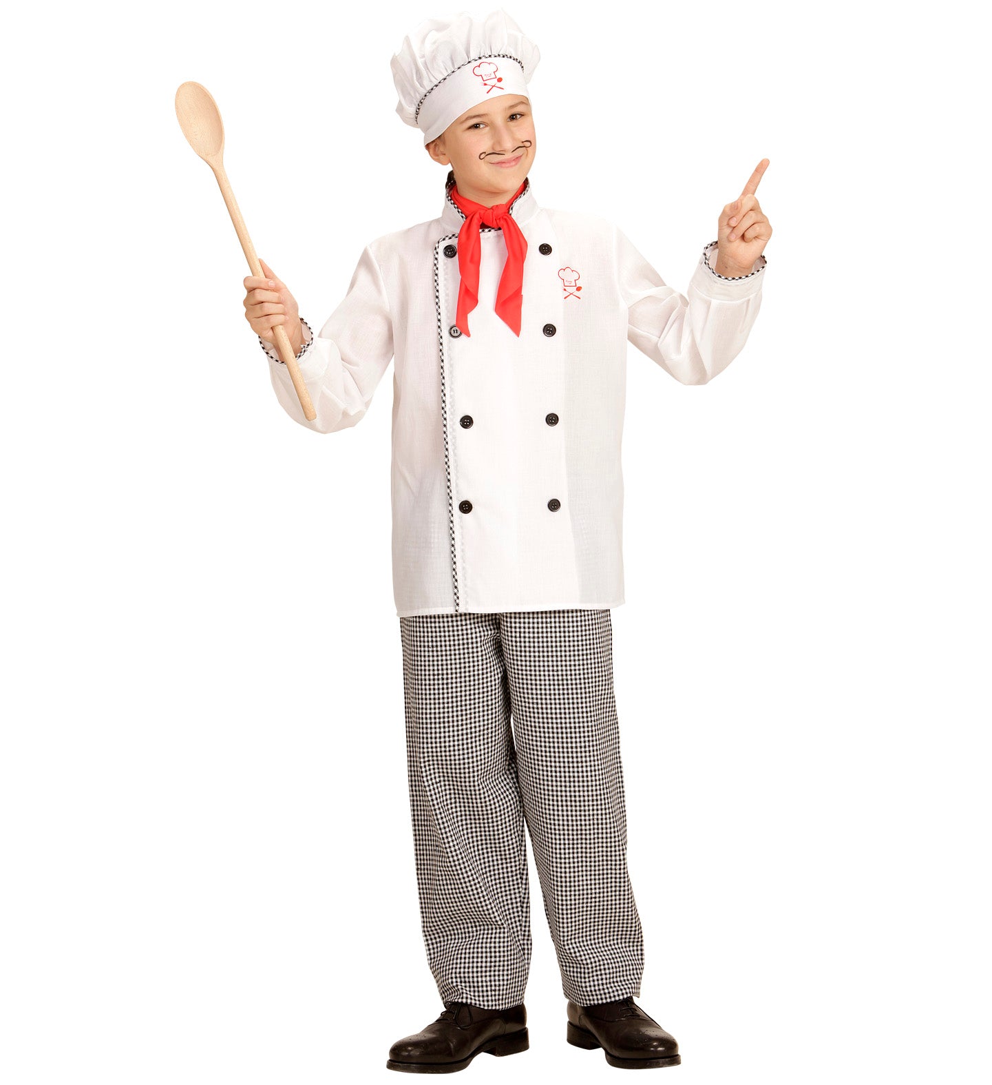A young chef holding a large wooden spoon while wearing a professional white cook's outfit and red neckerchief.