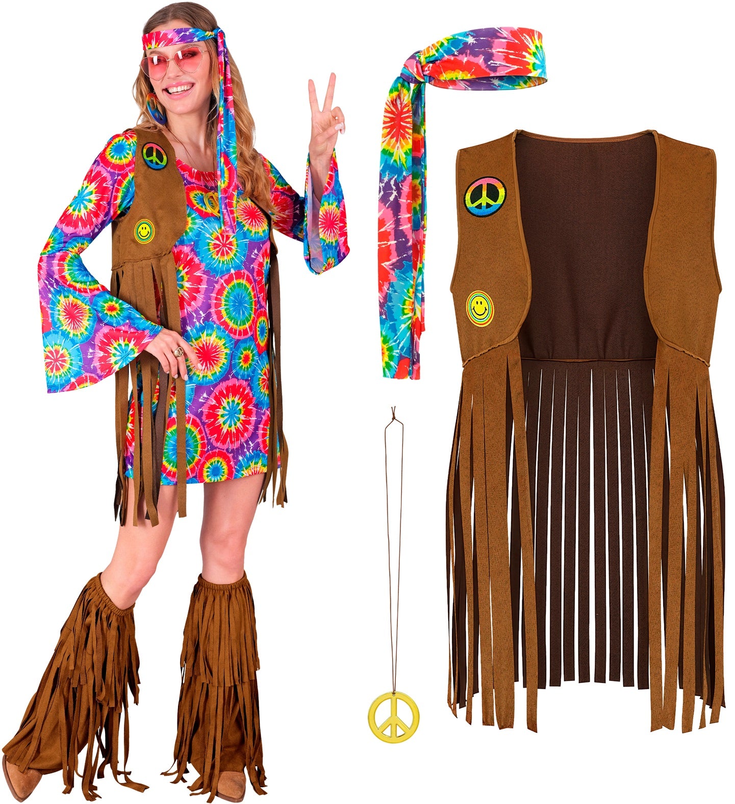 Chic Hippie costume set featuring a floral tie-dye dress, fringed vest, and peace sign accessories.