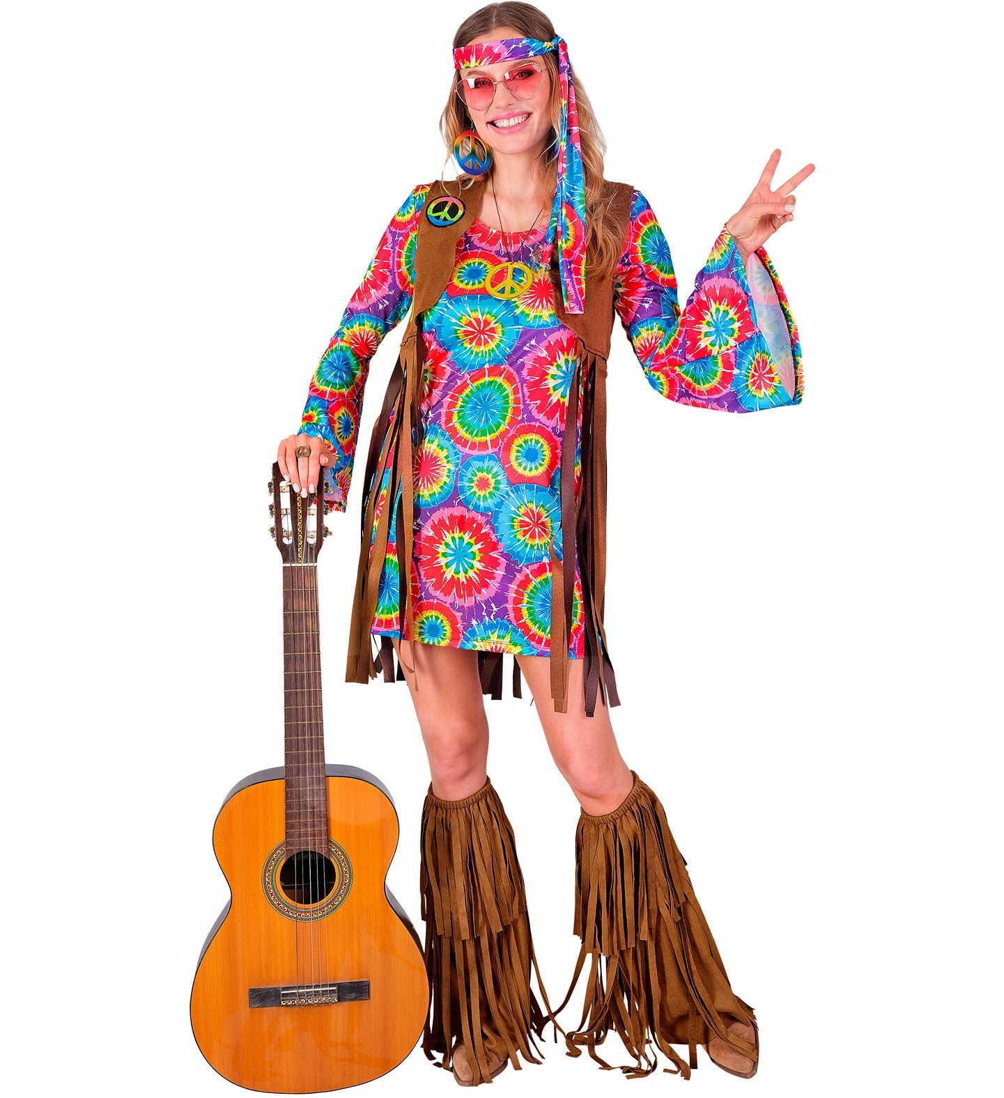 A woman in a retro 60s costume making a peace sign and holding a guitar at a festival.