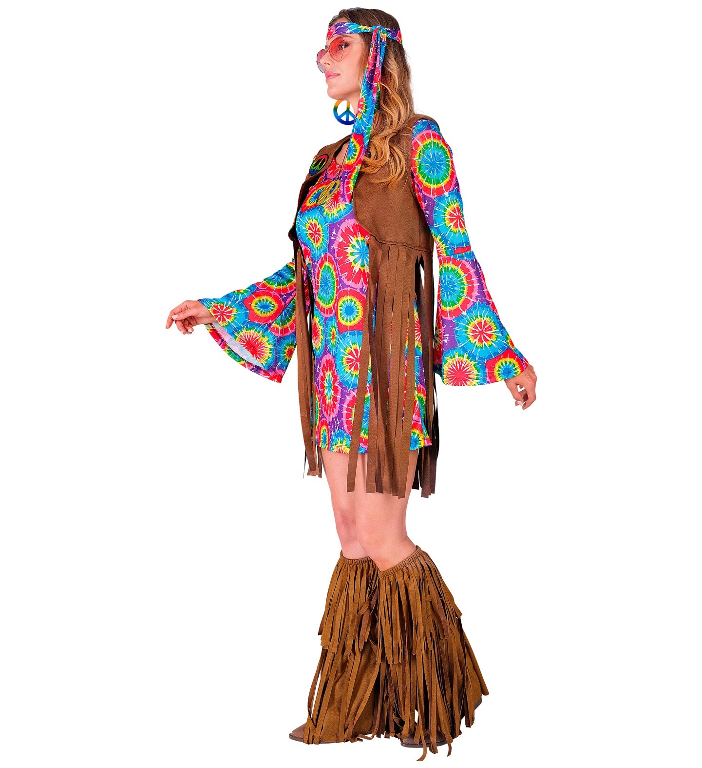 Person wearing a colorful tie-dye costume with a brown skirt on a white background