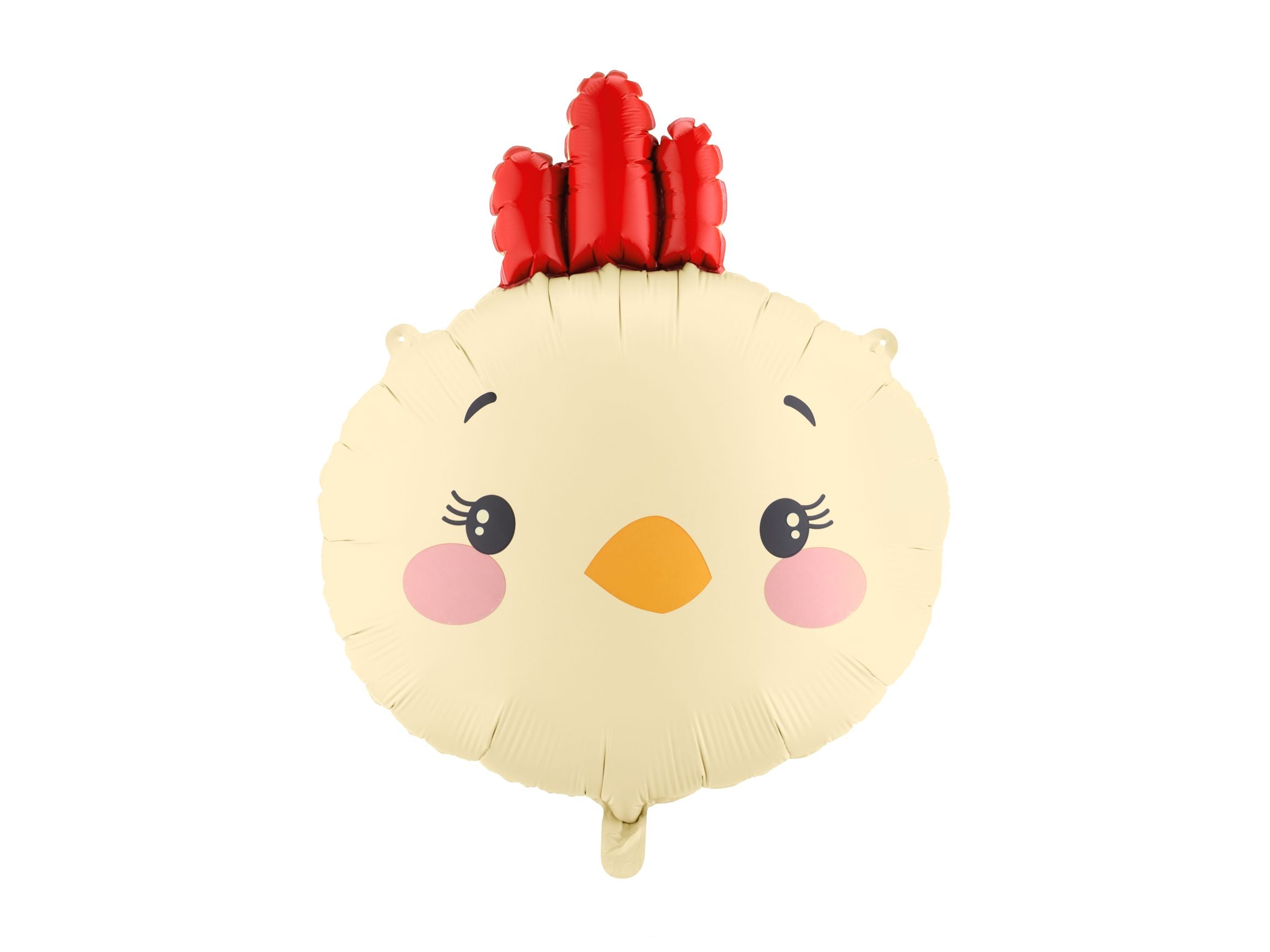 Round yellow chicken foil balloon with a bright red comb, orange beak, and pink rosy cheeks on a white background.