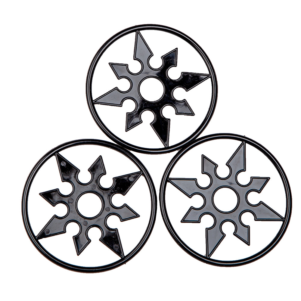 Three black and gray shuriken on a white background