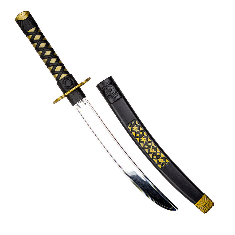 Sword with black and gold handle and sheath on a white background