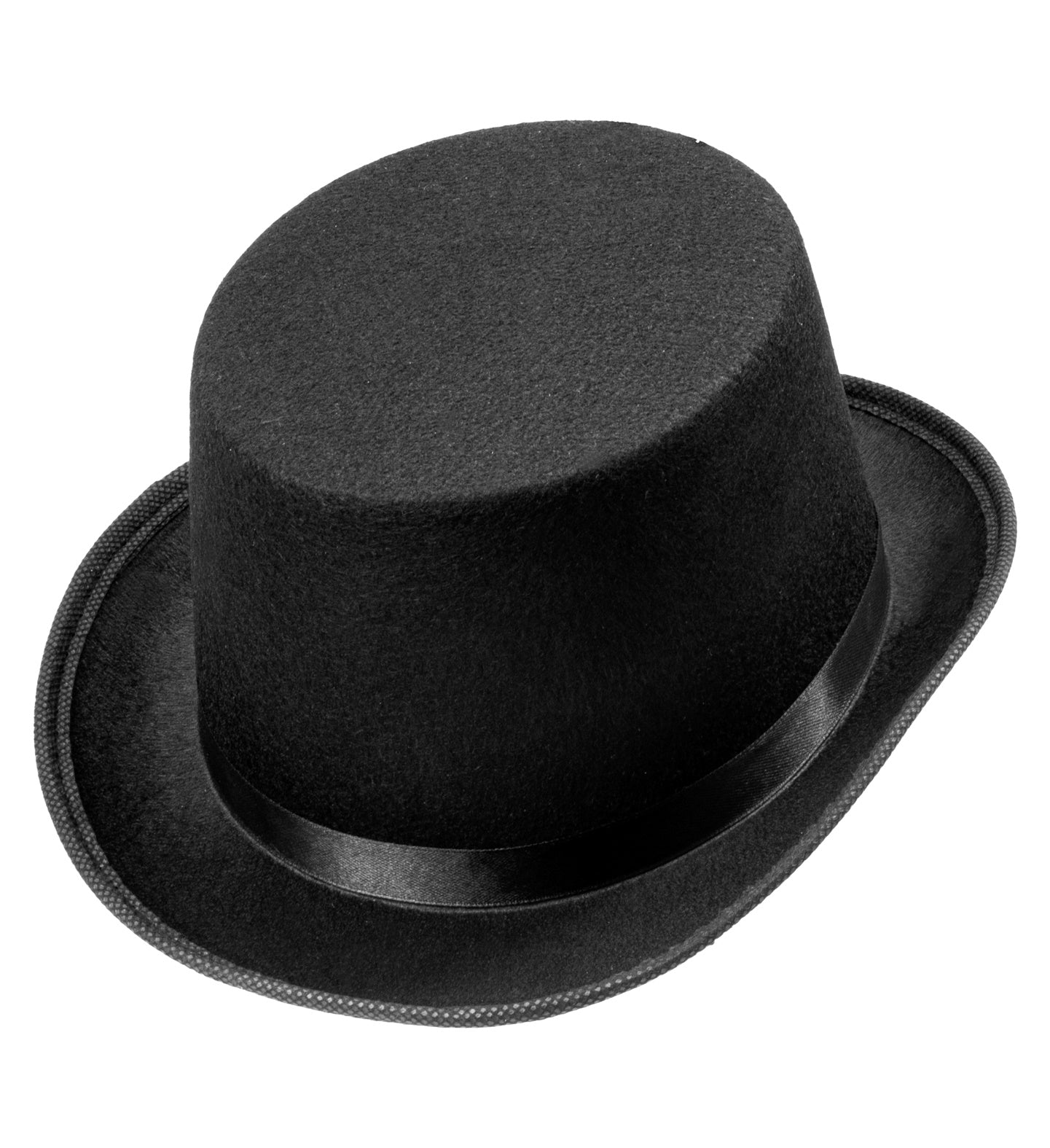 A classic black felt top hat with a satin ribbon band.
