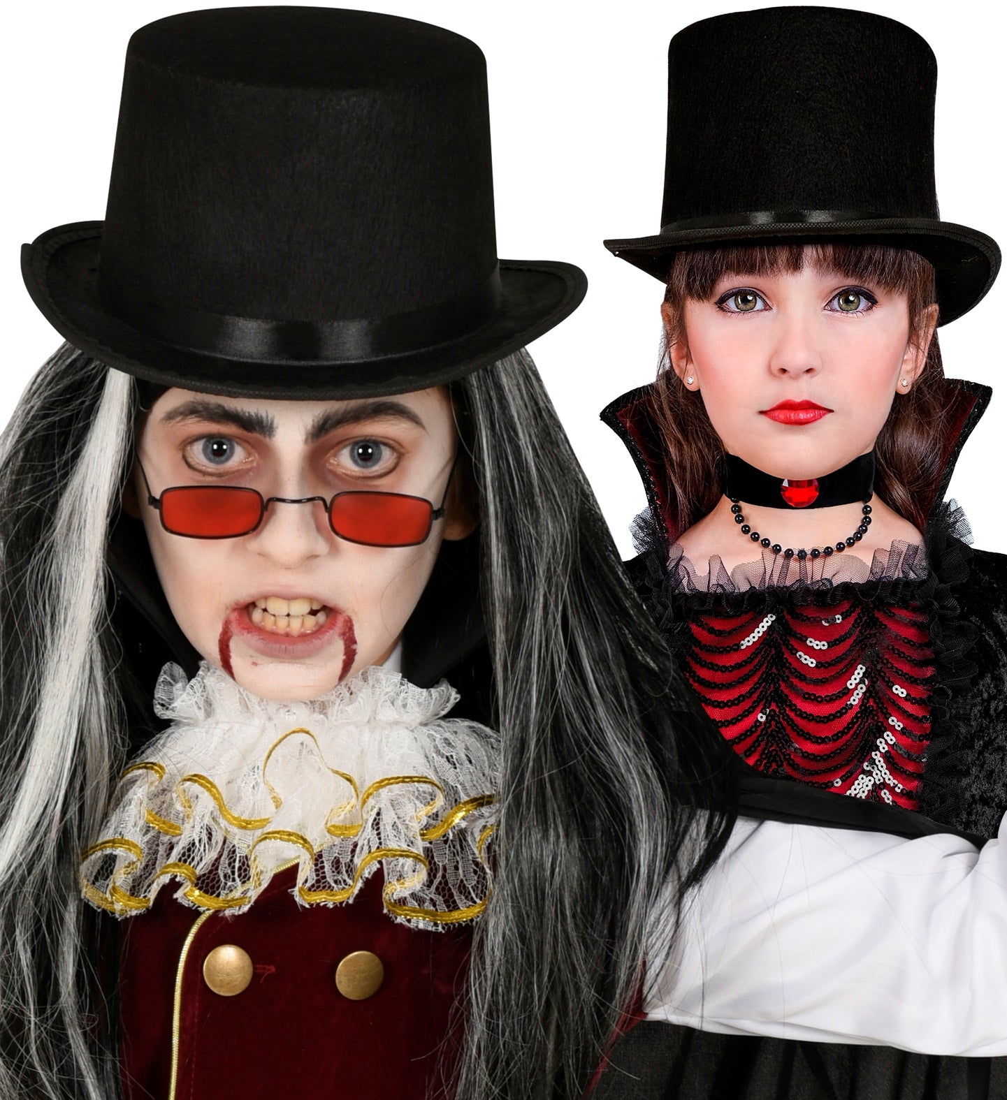 A boy and girl in vampire costumes wearing a black felt top hat.