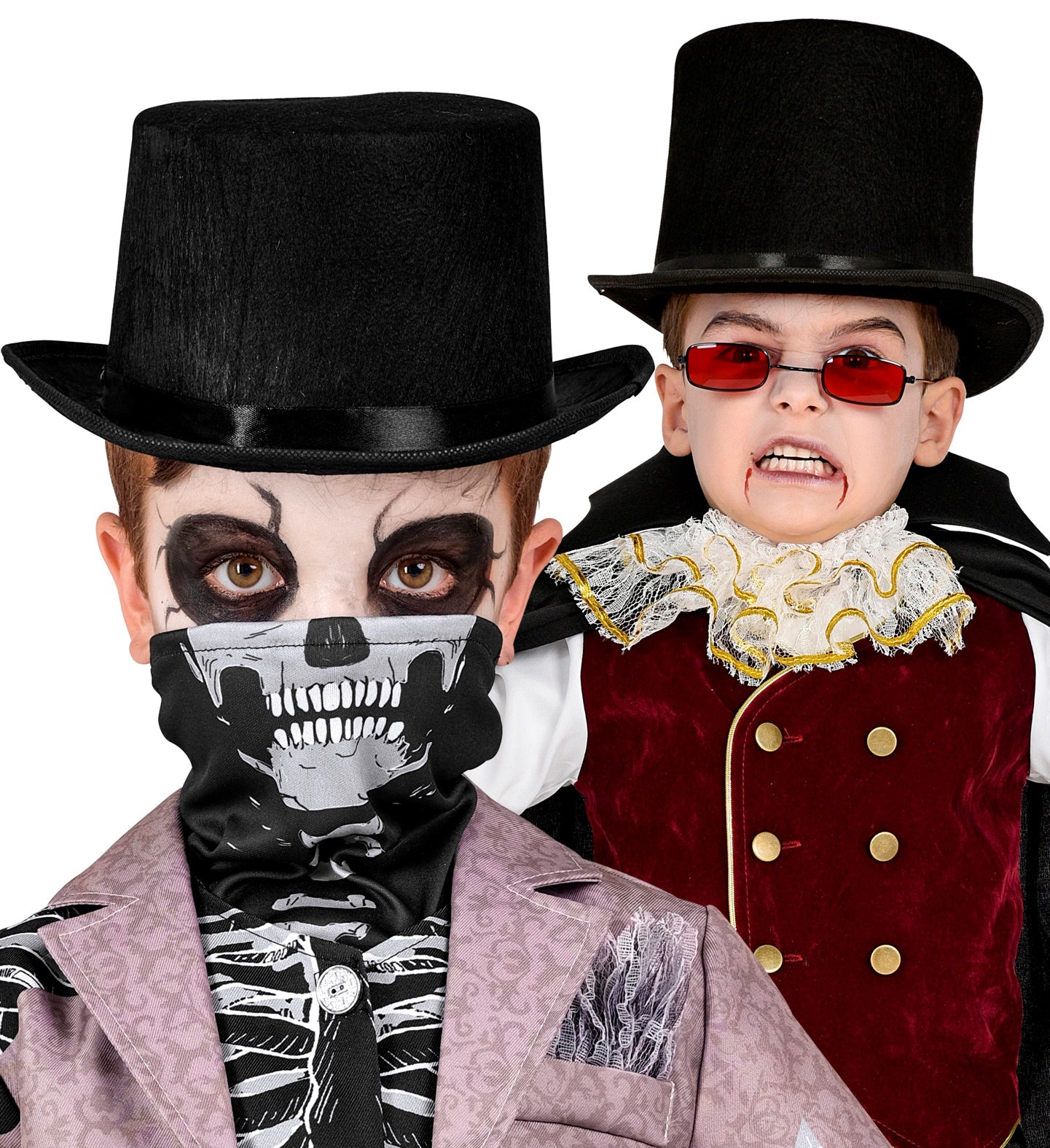 A child in a partial vampire/skeleton costume wearing a black top hat.