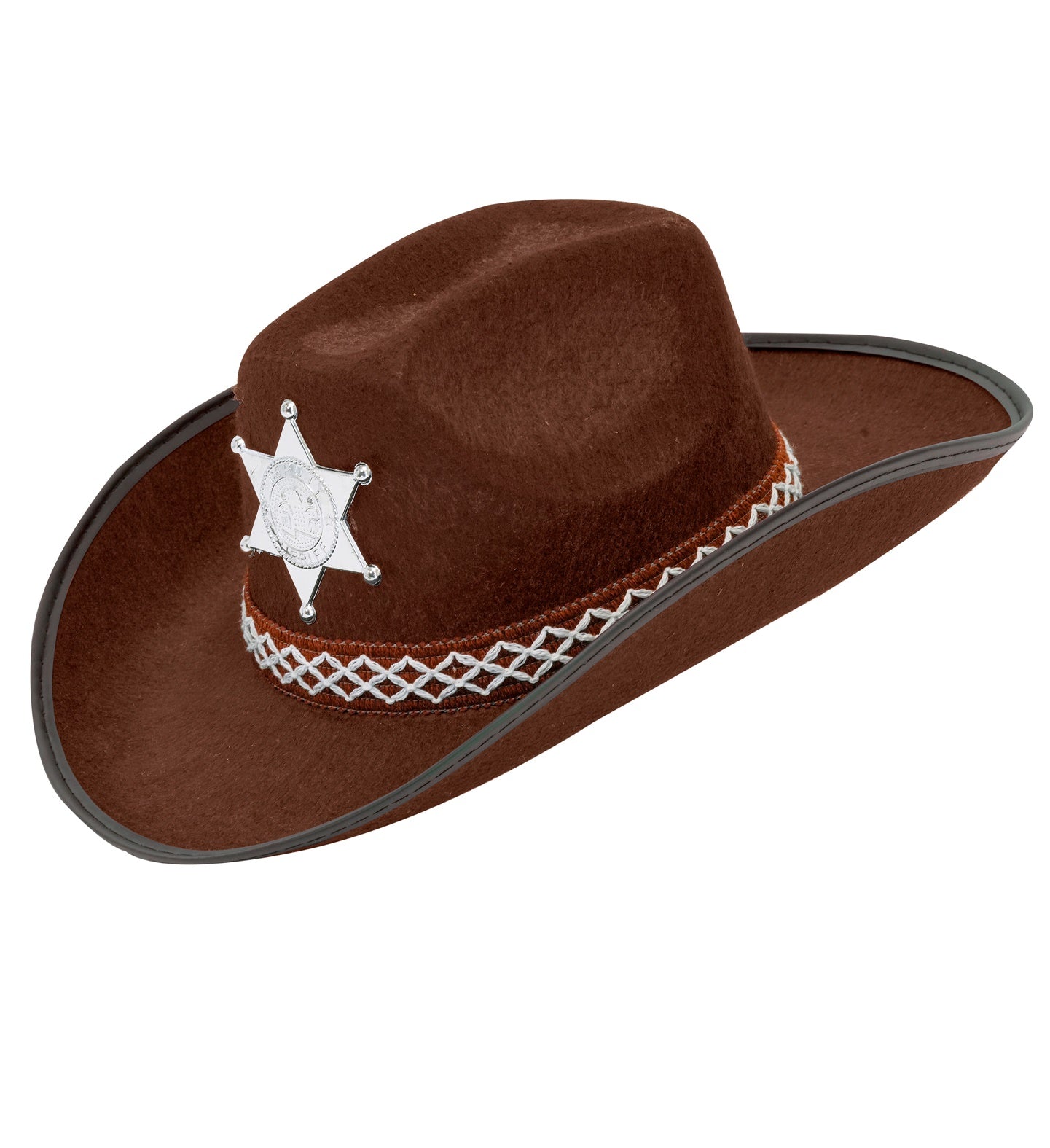 A brown cowboy hat with a silver sheriff's star badge on the front and a decorative brown and white braided band around the base, shown at an angle against a white background.