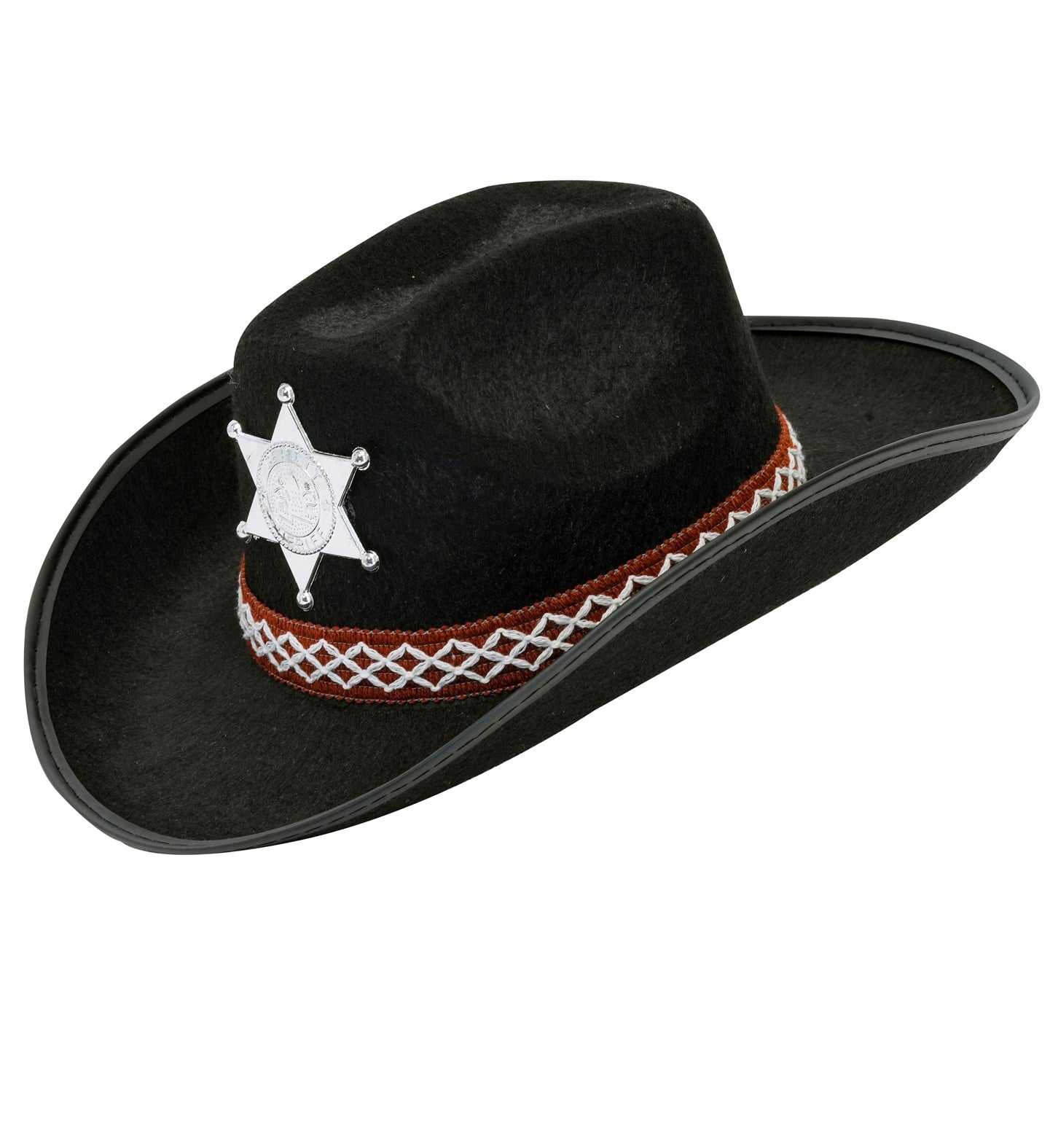 A black childrens cowboy hat with a prominent silver sheriff's star badge on the front and a decorative brown and white patterned band around the base, shown at an angle against a white background.