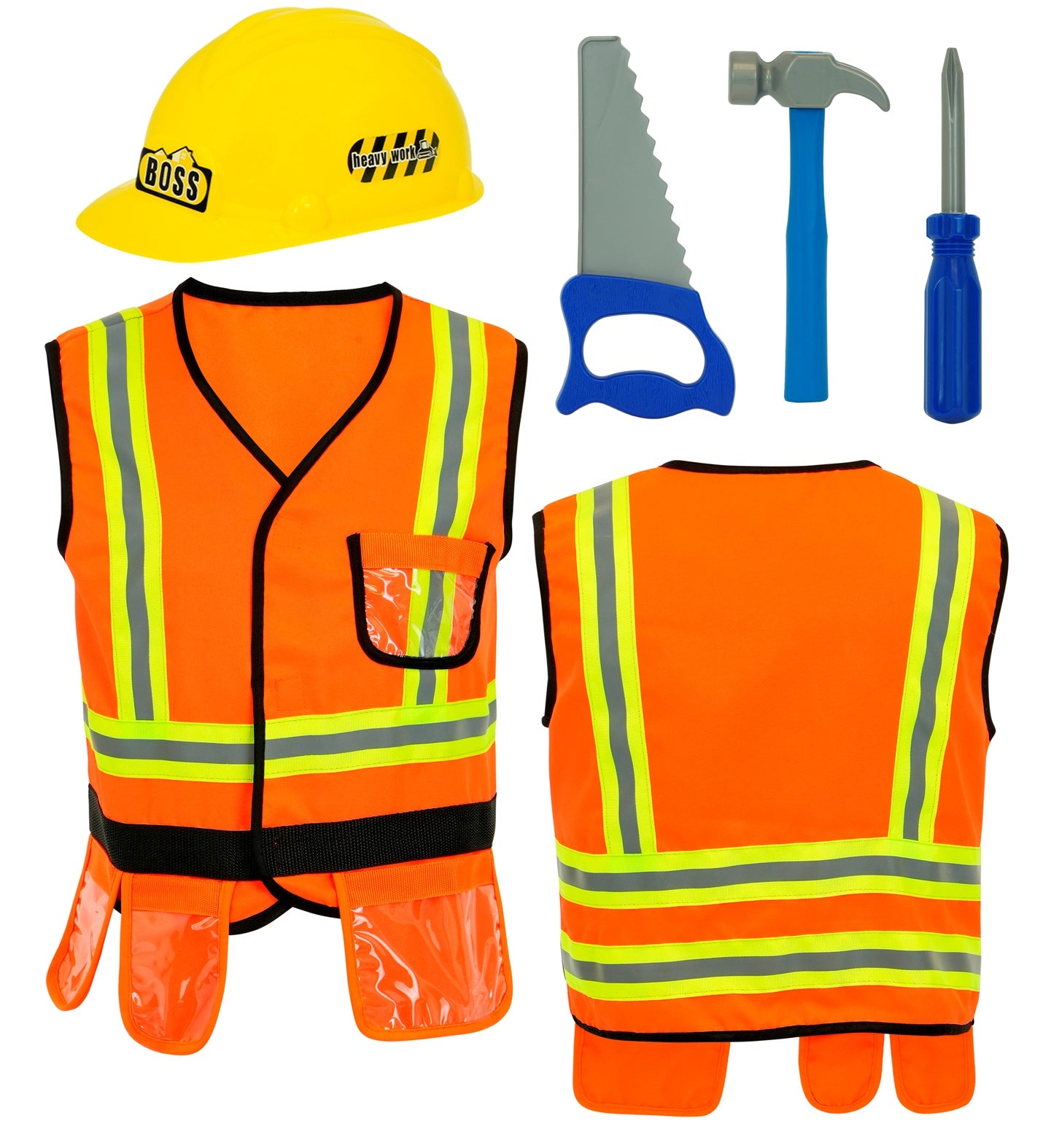 A flat lay display of a child's construction worker costume set, including an orange safety vest with reflective strips, a yellow "BOSS" hard hat, a grey and blue toy saw, a blue toy hammer, and a blue toy screwdriver, all arranged on a white background.