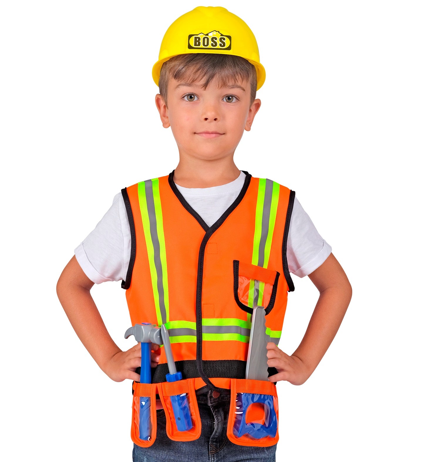 A child wearing an orange construction safety vest with reflective strips and a yellow "BOSS" hard hat, with toy tools like a hammer and saw visible in the utility pockets on the vest. The child is looking forward with hands on hips.
