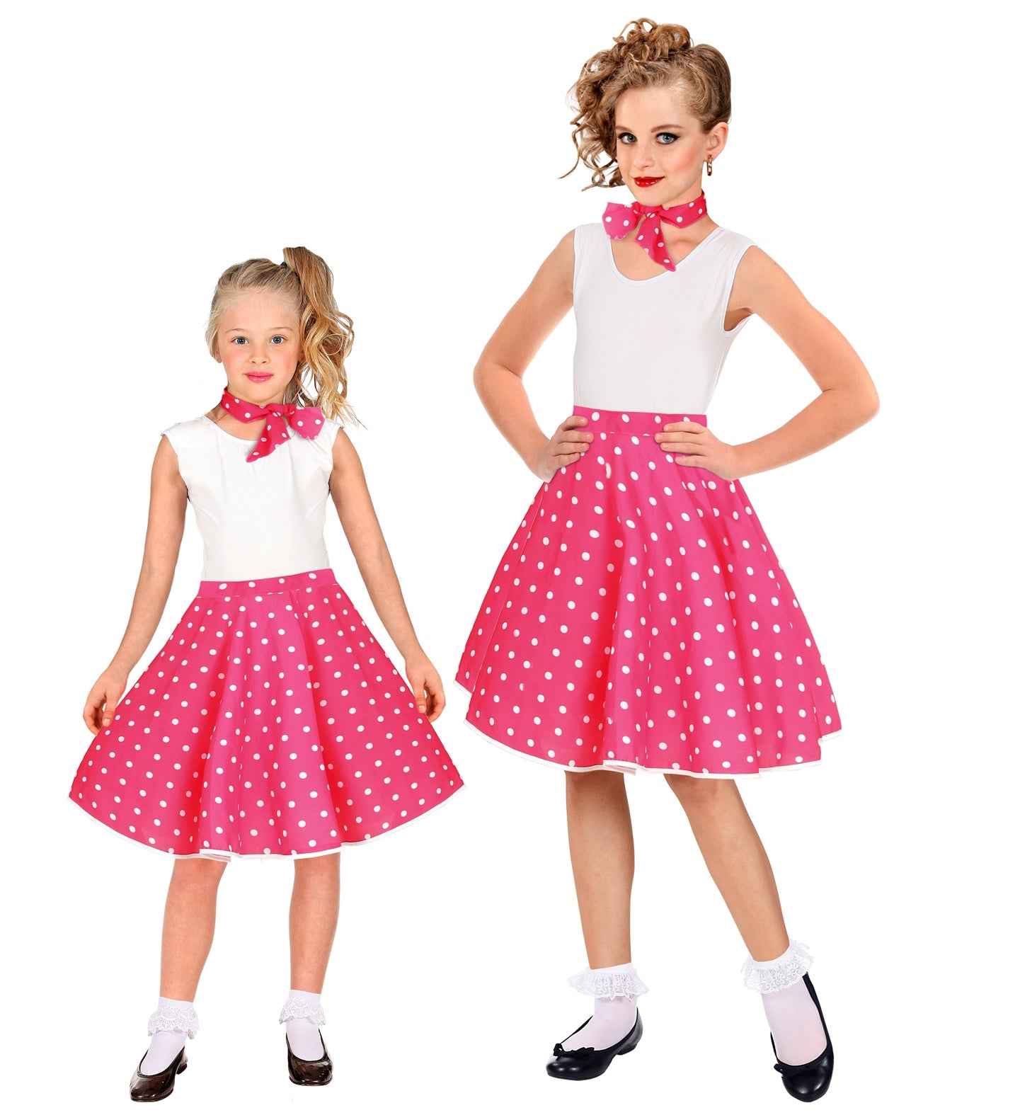 Two children modeling matching pink and white 1950s polka dot rockabilly skirts and neck scarves.
