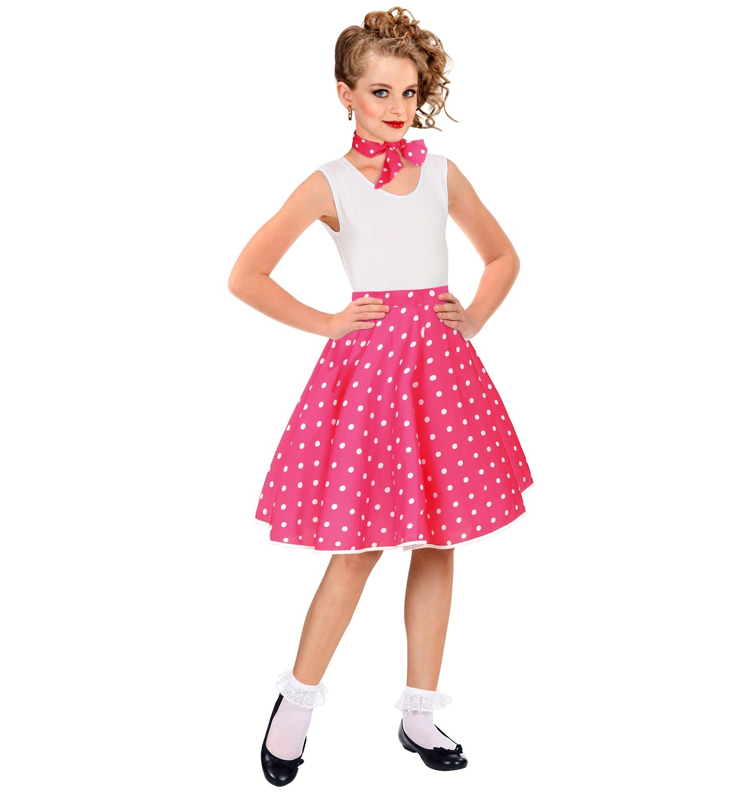 Older child posing in a pink flared 50s style polka dot rockabilly skirt and matching neck tie.