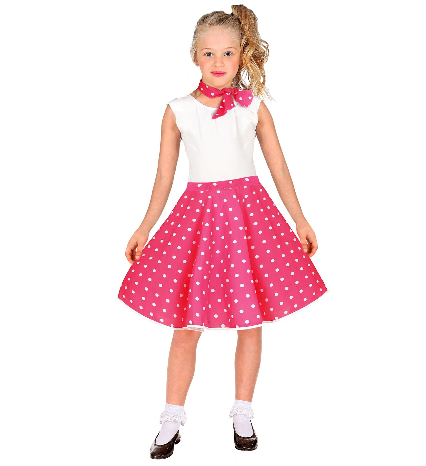 Younger child wearing a vibrant pink 1950s rockabilly costume skirt and polka dot scarf.