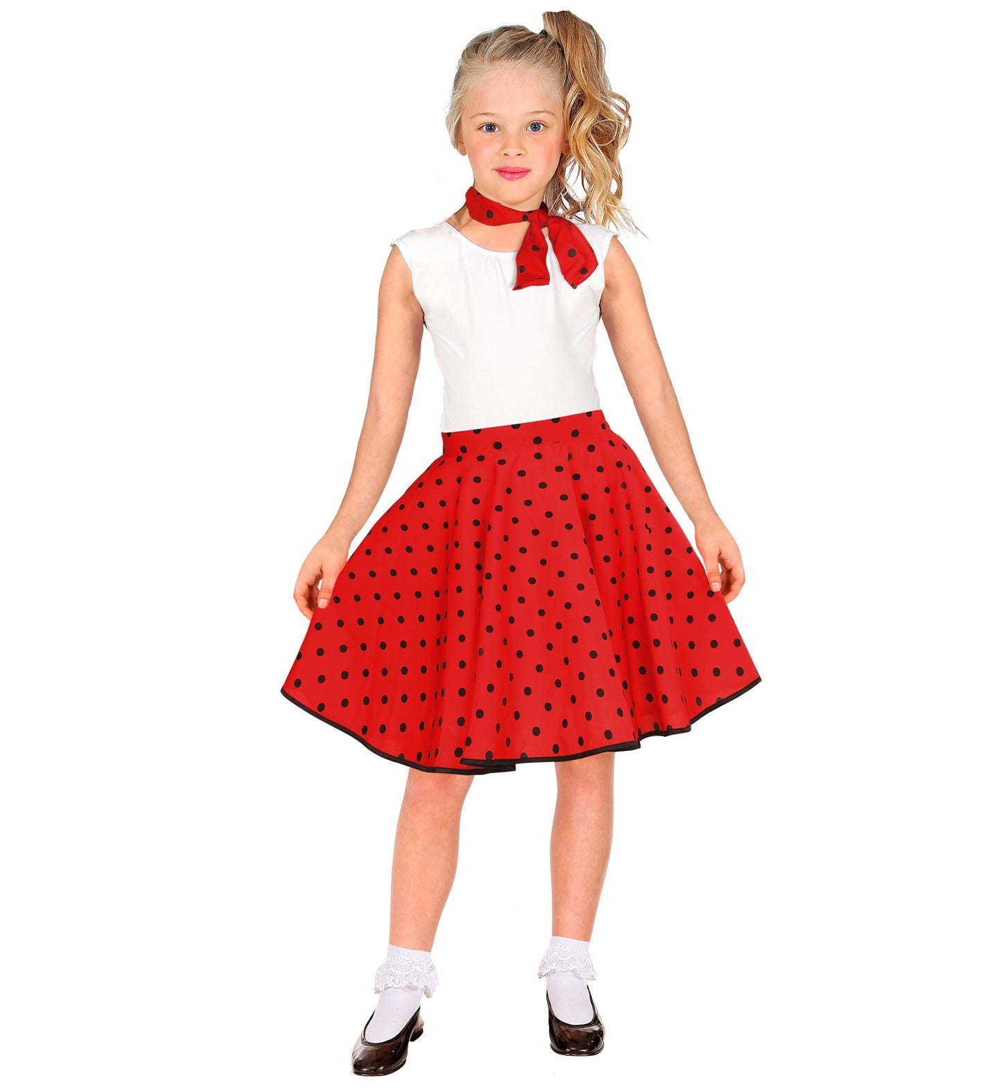 Younger child wearing a vibrant red 1950s rockabilly costume skirt and polka dot scarf.