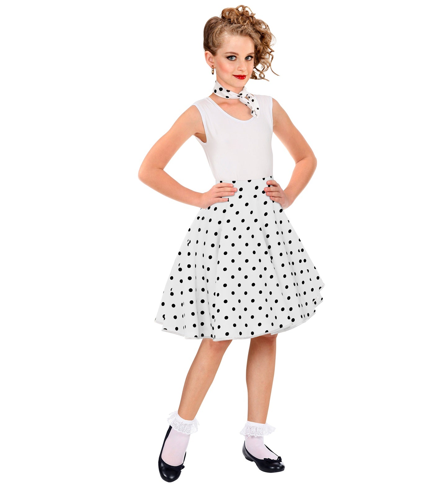 Older child modeling a 50s rockabilly white polka dot skirt and scarf set with retro styling.