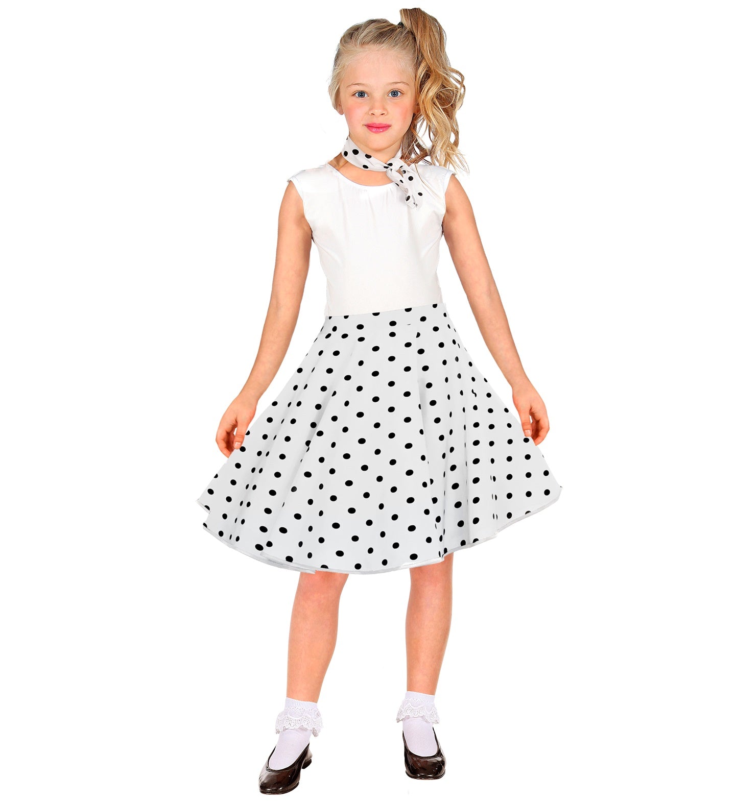 Younger child in a flared 1950s style white polka dot skirt and matching neck tie.