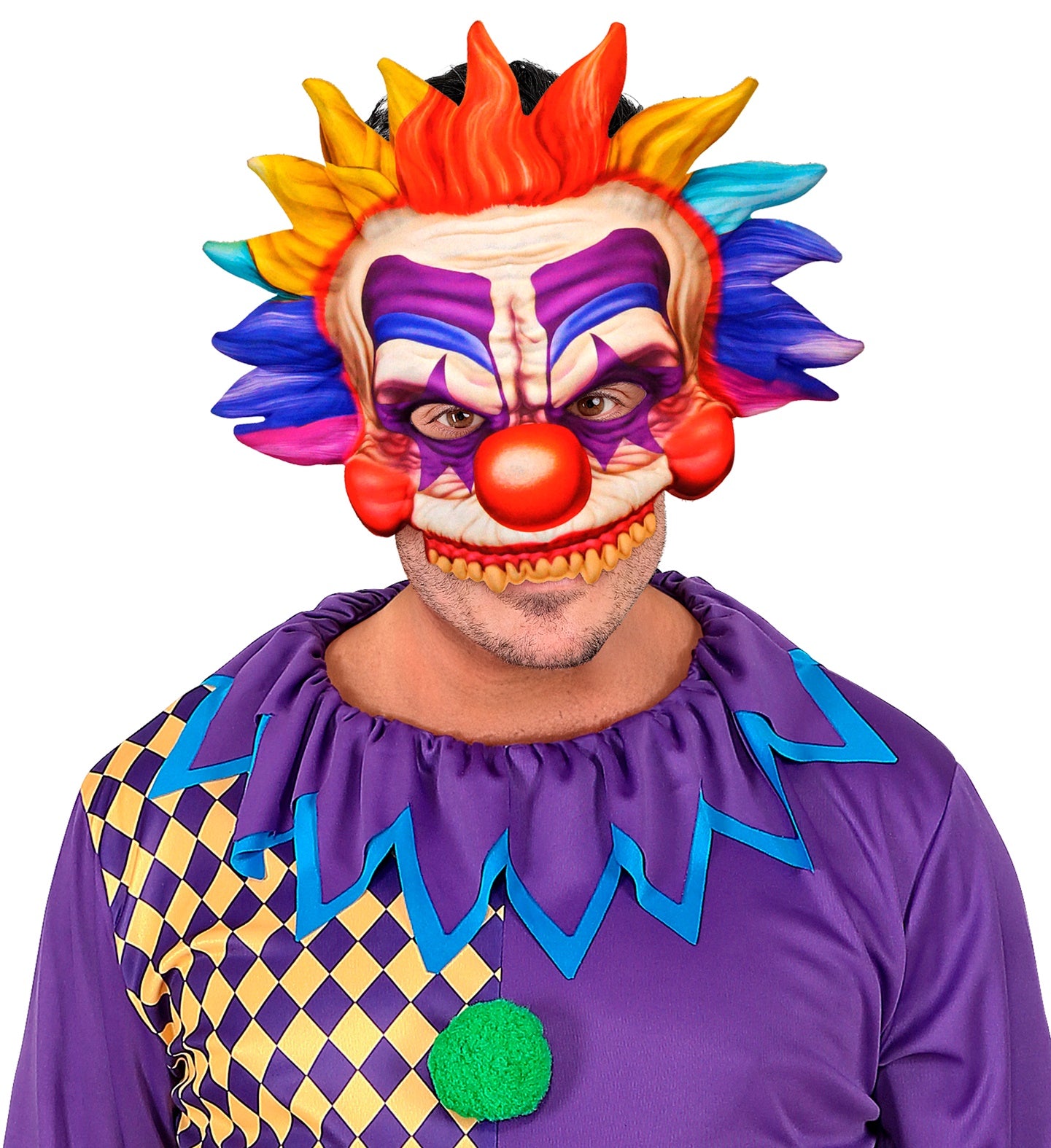 A person in a full clown costume, wearing the vibrant rainbow chinless killer clown mask.